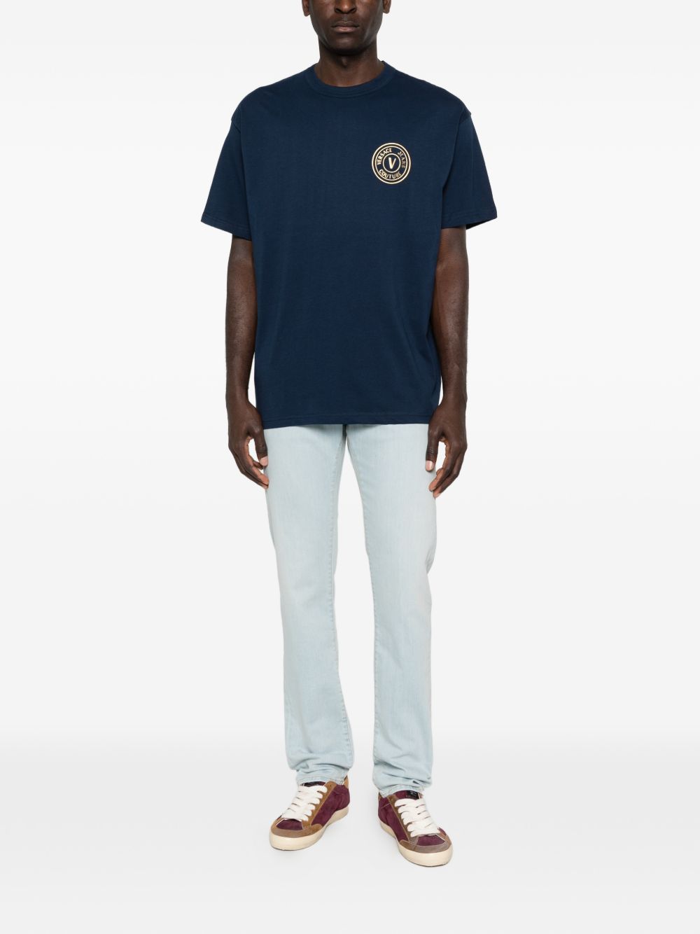 VERSACE JEANS COUTURE Maglia blu girocollo in cotone 
