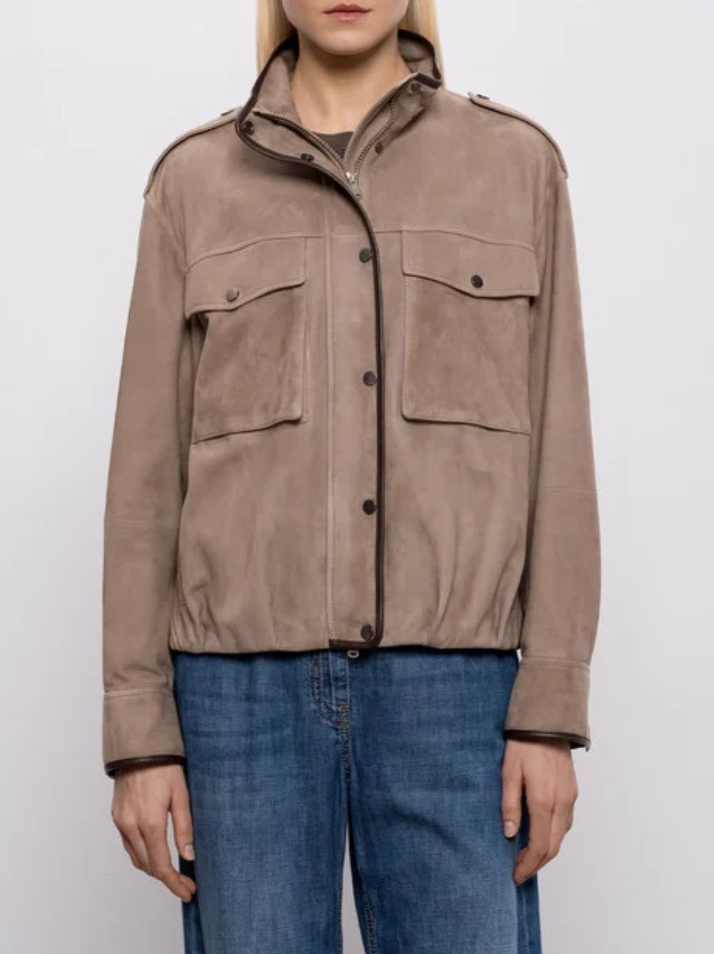 BRUNELLO CUCINELLI Giacca in suede marrone con spalline e tasche 