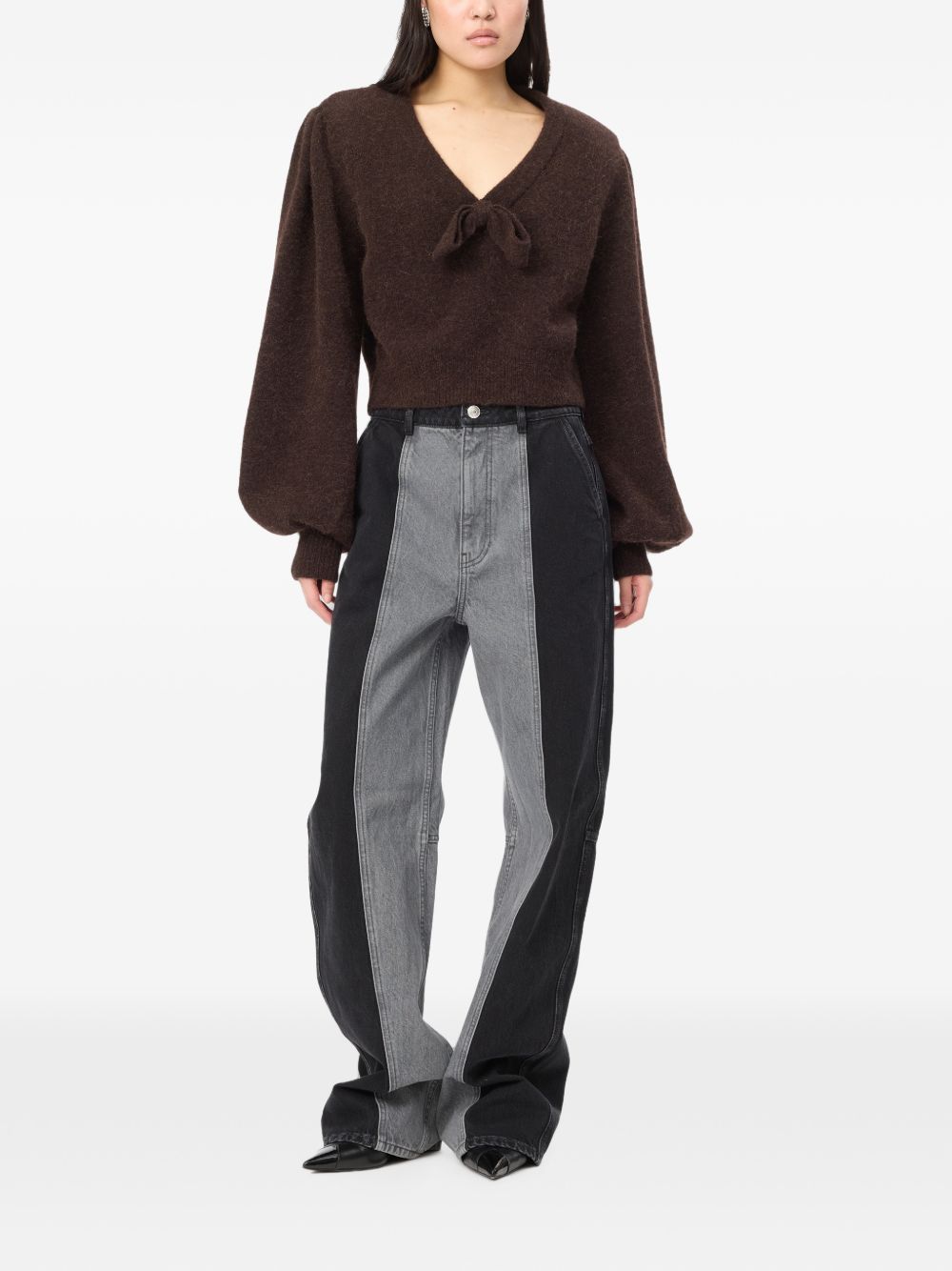 ROTATE Maglia con fiocco e scollo a V in lana bordeaux 
