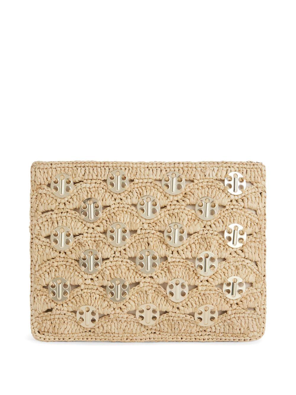 RABANNE Pochette in rafia con inserti oro 