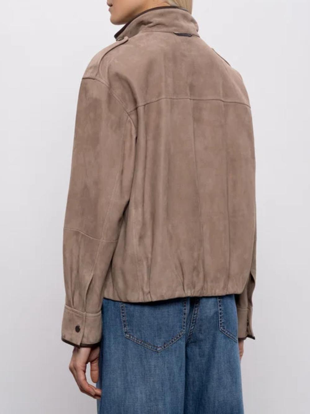 BRUNELLO CUCINELLI Giacca in suede marrone con spalline e tasche 