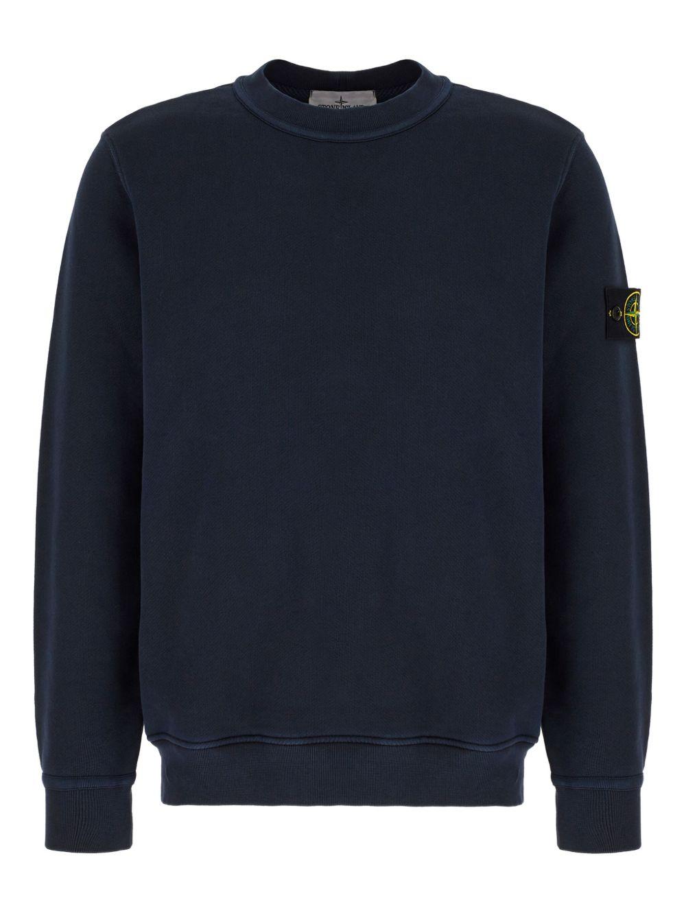 STONE ISLAND Felpa girocollo in cotone blu con patch logo 