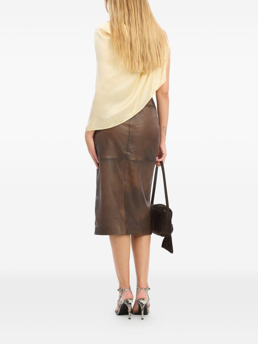 ROTATE Gonna midi in pelle marrone con spacco 