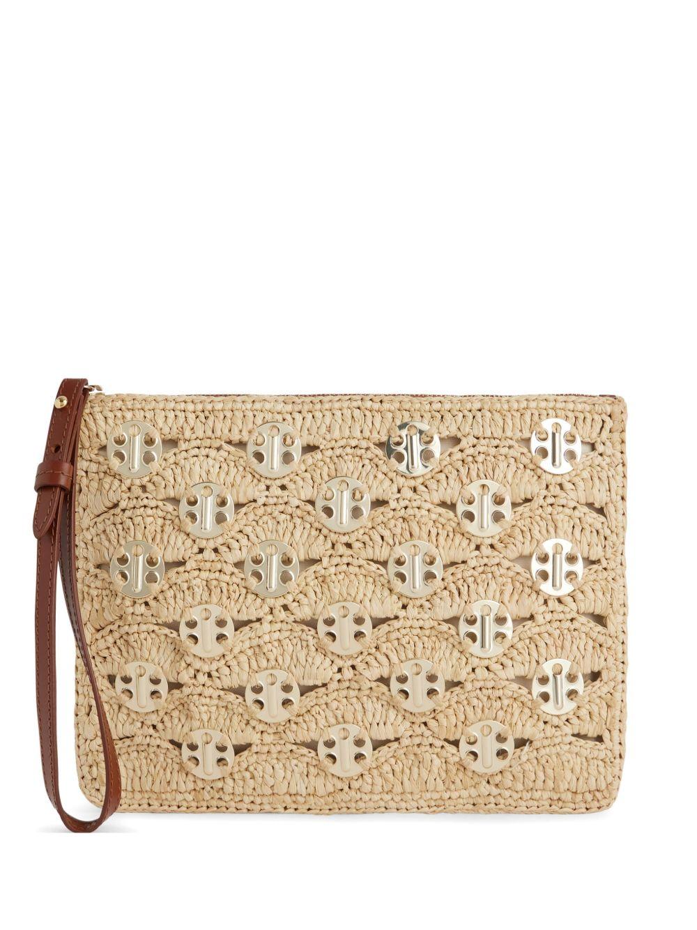 RABANNE Pochette in rafia con inserti oro 