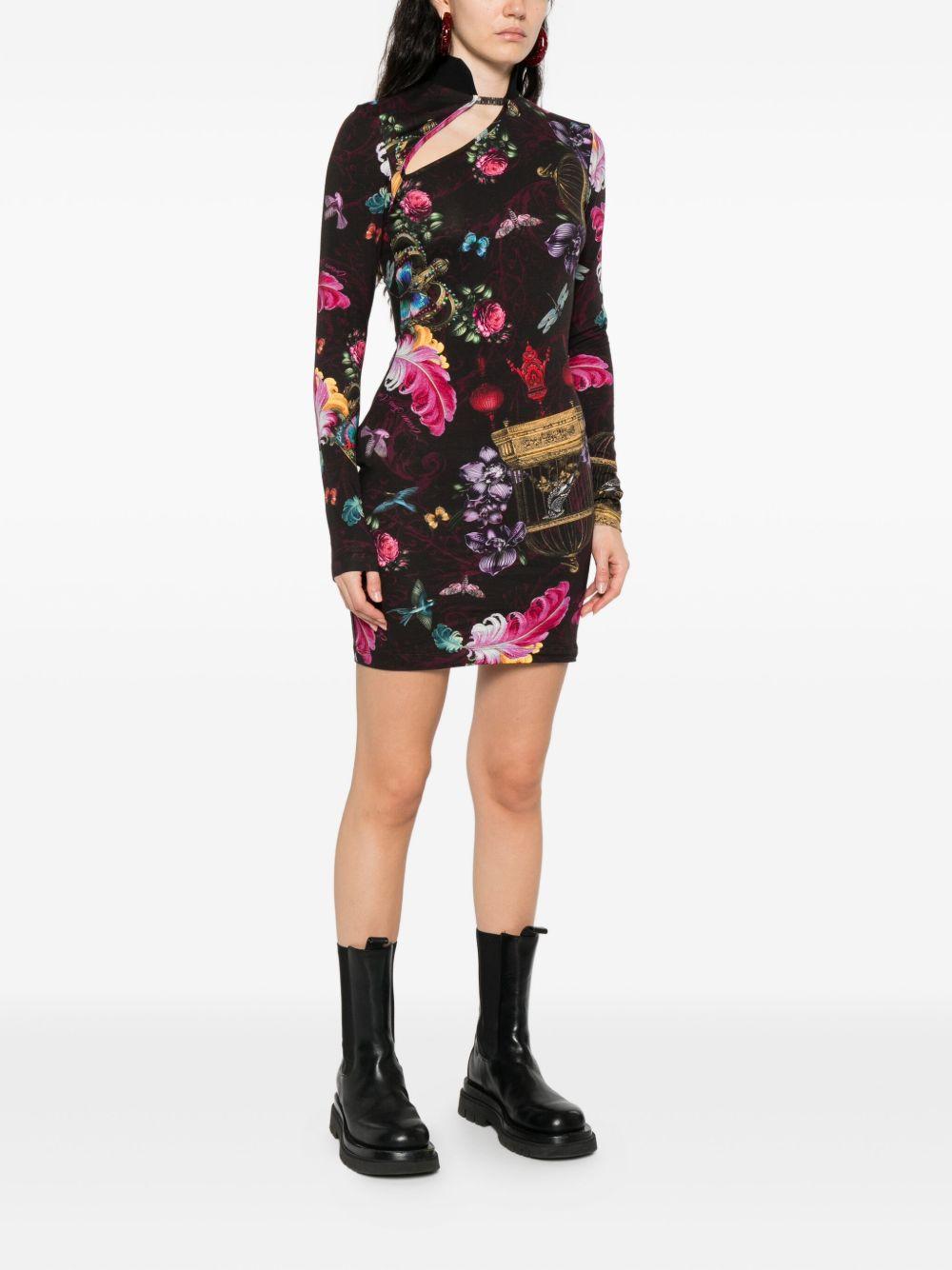 VERSACE JEANS COUTURE Abito corto nero in cotone con stampa floreale 