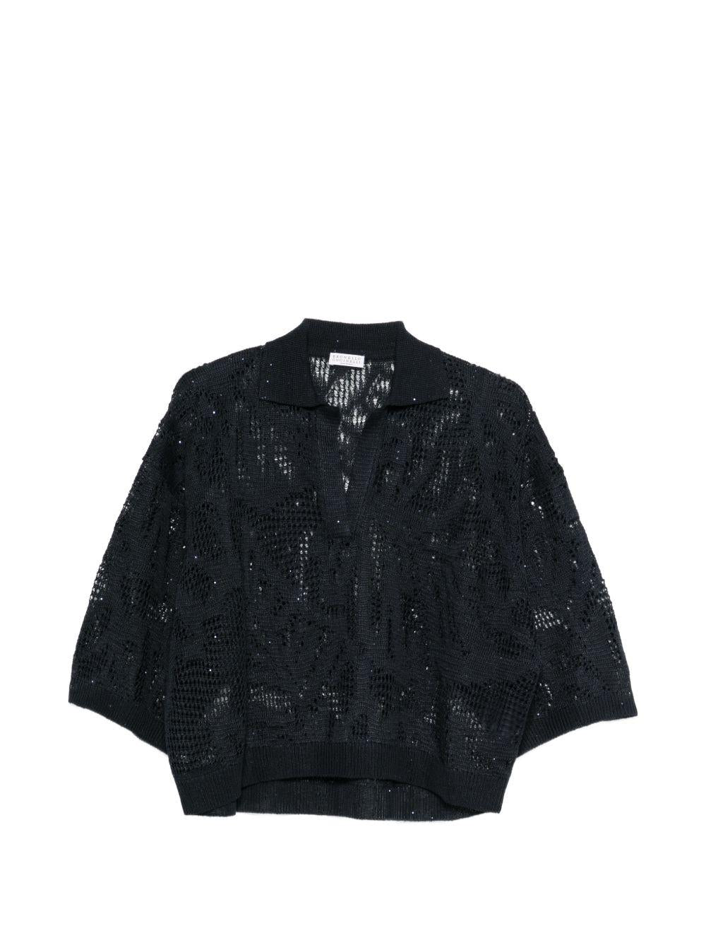 BRUNELLO CUCINELLI Blusa traforata in cotone blu scuro con scollo a V 