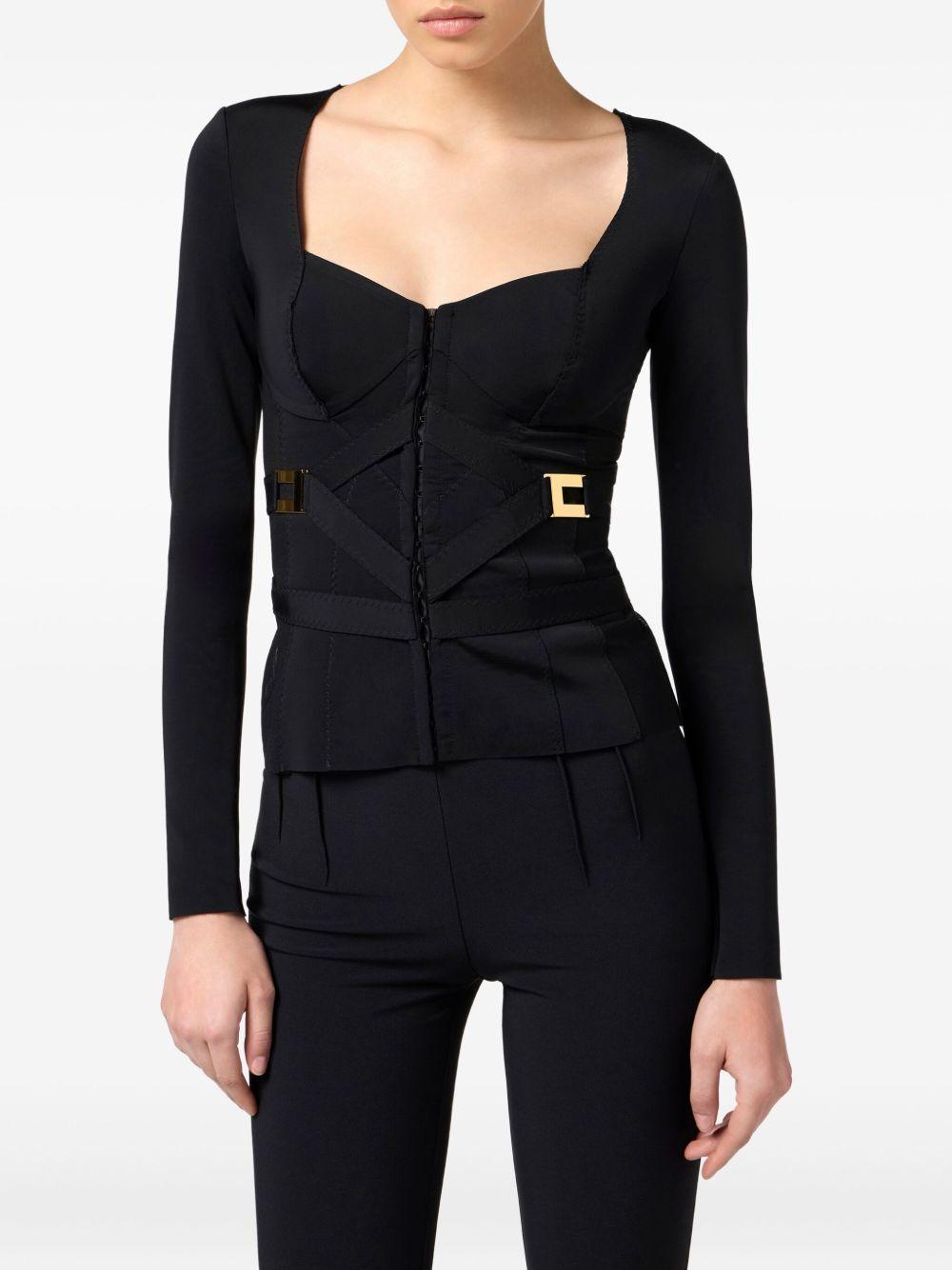 ELISABETTA FRANCHI Blazer in tessuto bielastico con dettagli logo oro 