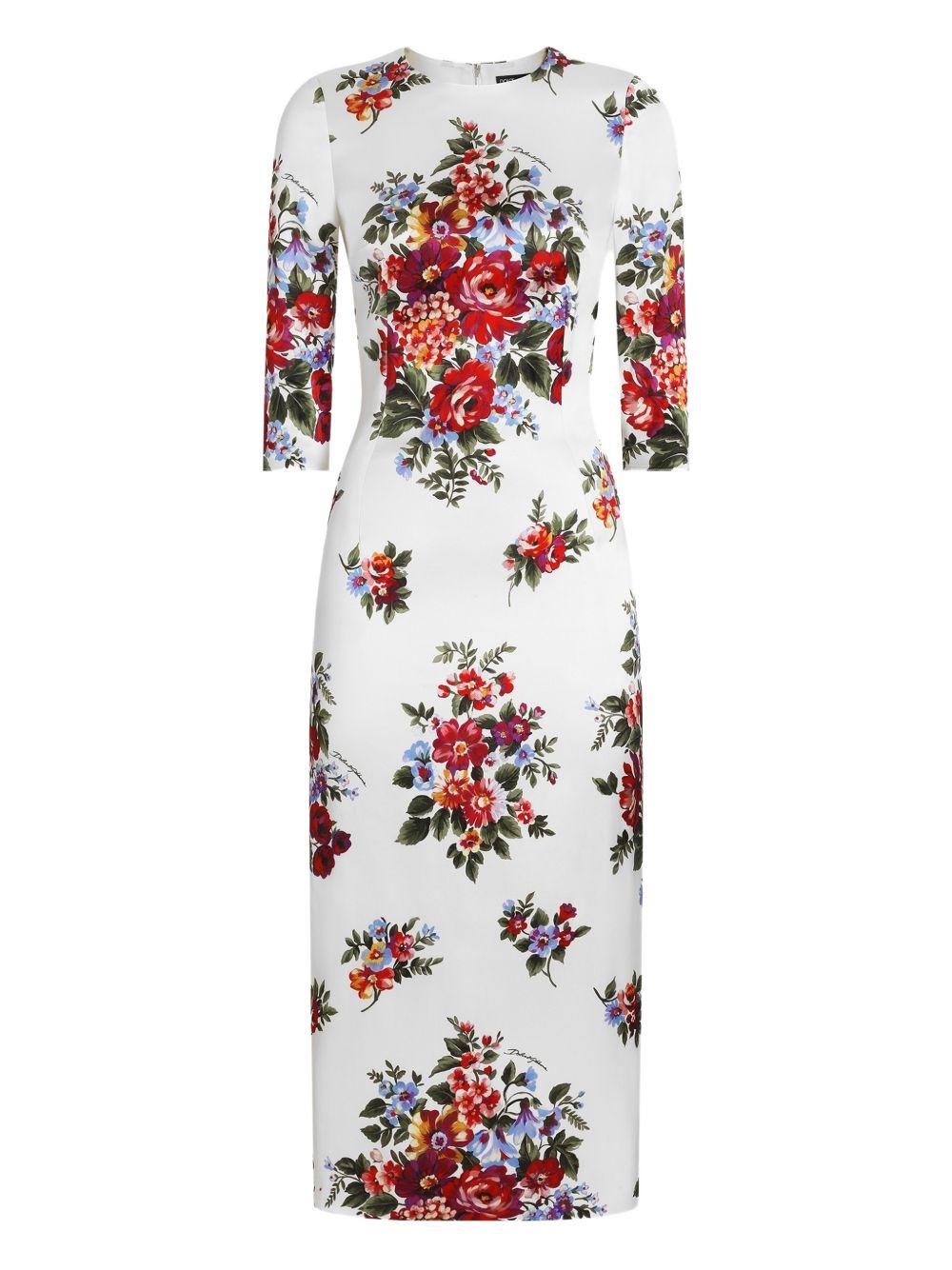 DOLCE e GABBANA Abito midi bianco con stampa floreale 