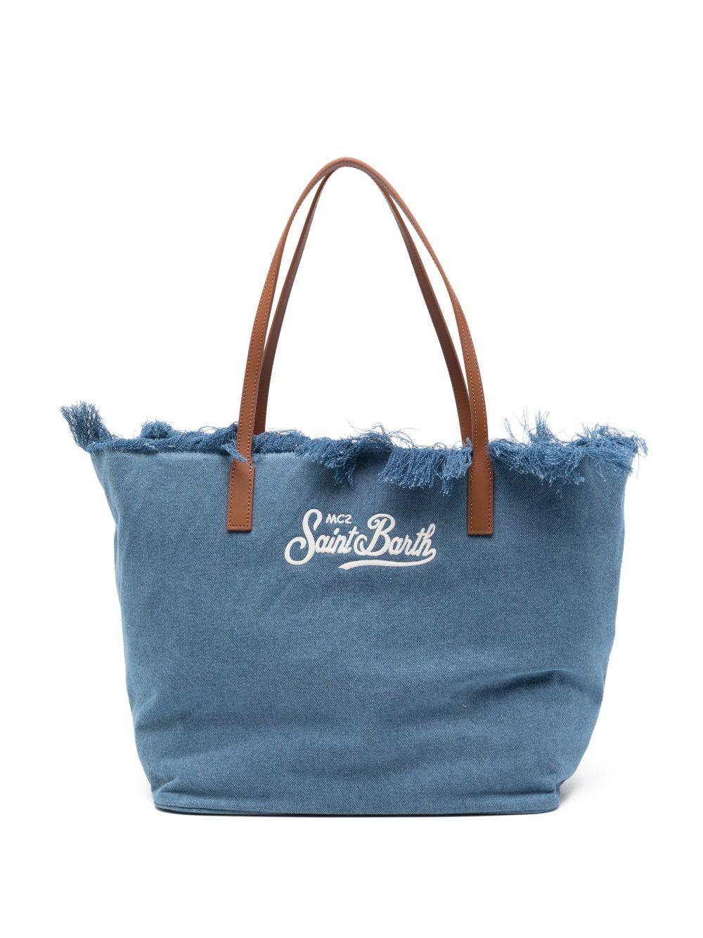 MC2 SAINT BARTH Borsa a spalla in cotone blu con logo ricamato 