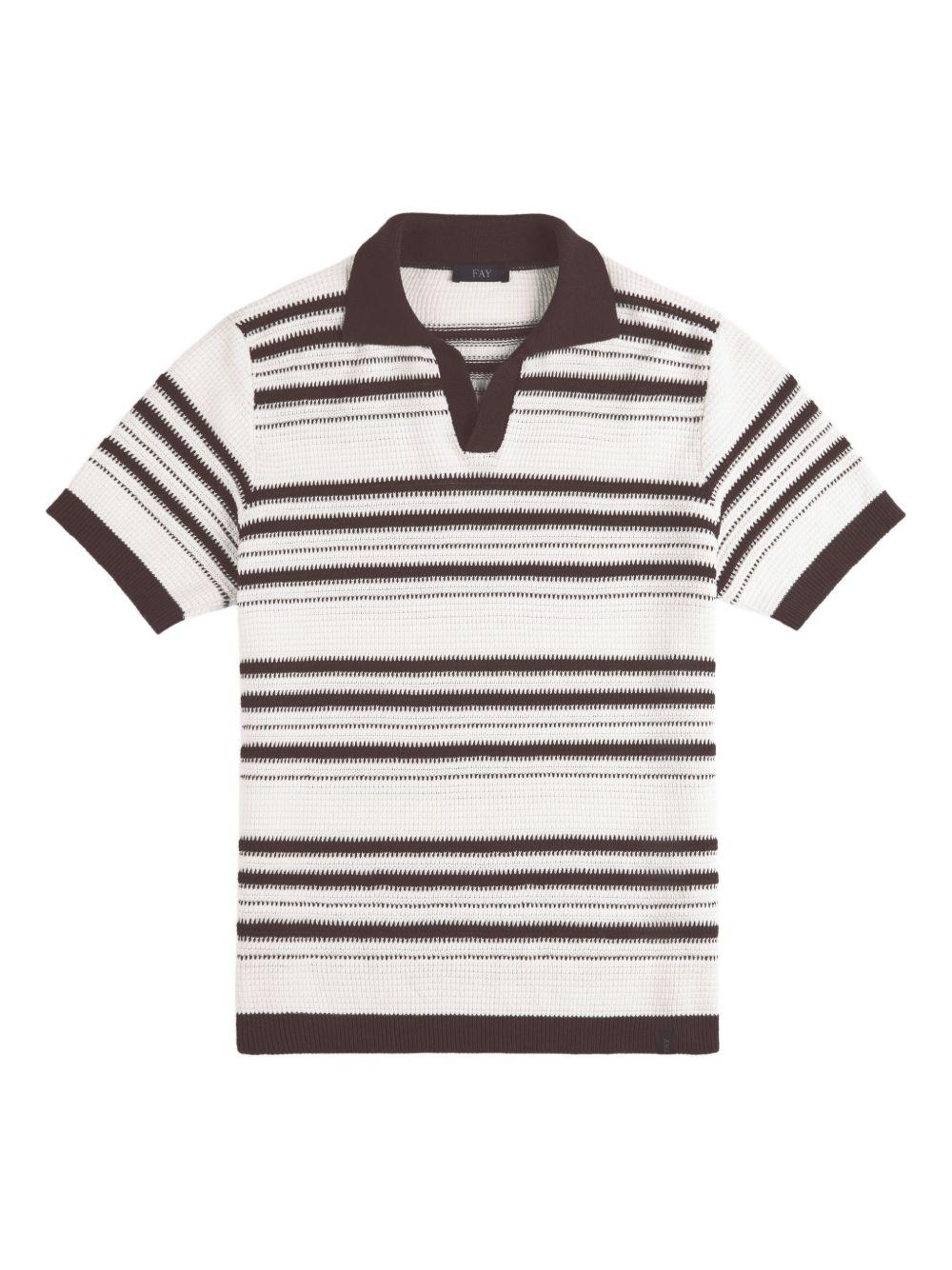 FAY Polo in maglia bianca e marrone a righe con scollo a V 
