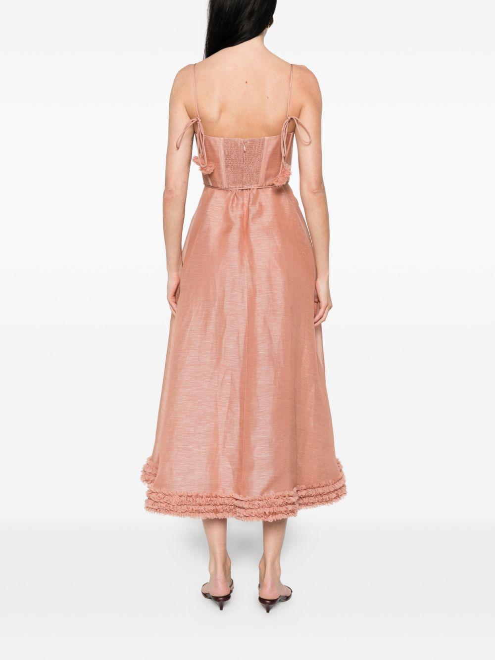 ZIMMERMANN Abito midi rosa in lino misto seta con corpetto a bustino 