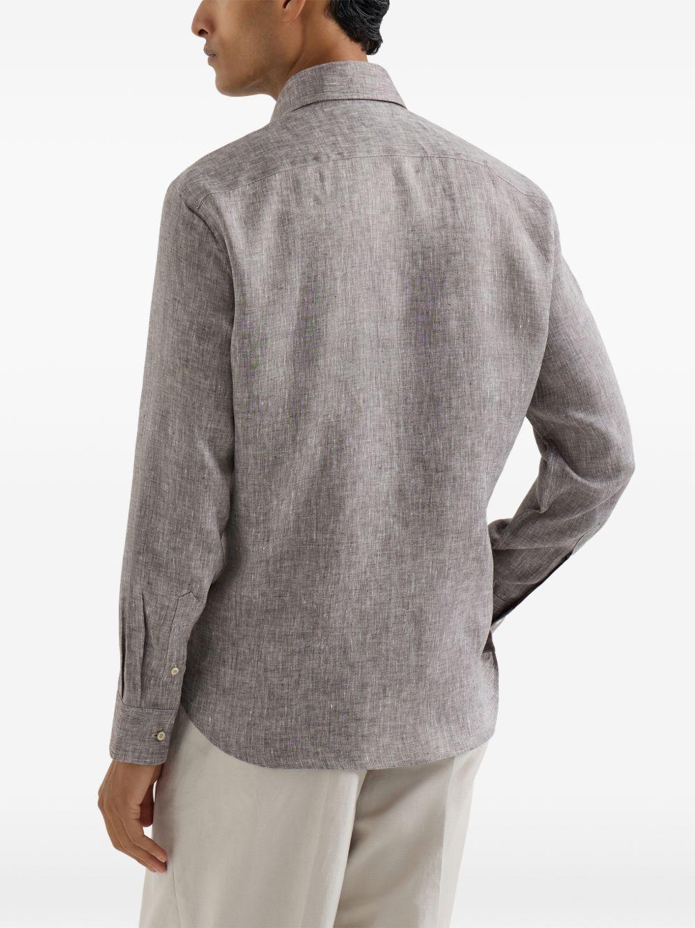 BRUNELLO CUCINELLI Camicia marrone nocciola in lino con chiusura a bottoni 