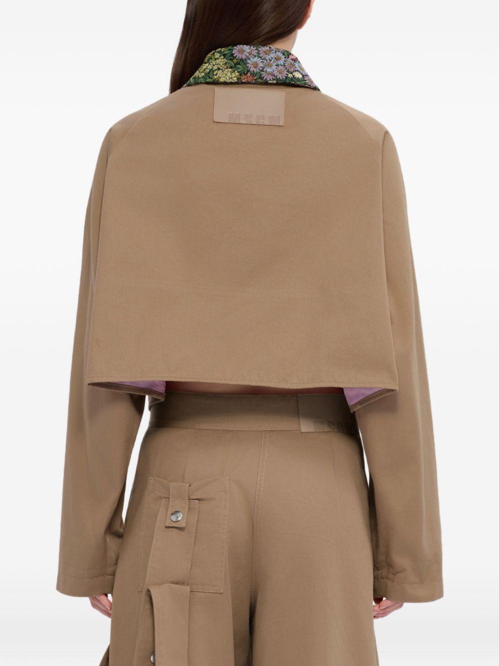 MSGM Giacca cropped in cotone marrone con dettagli floreali 