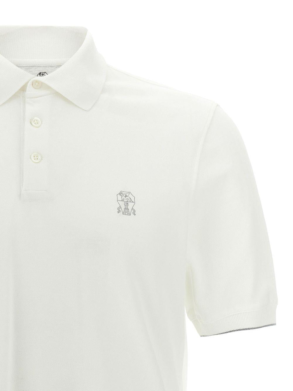 BRUNELLO CUCINELLI Polo in cotone bianco con bottoni e logo grigio 