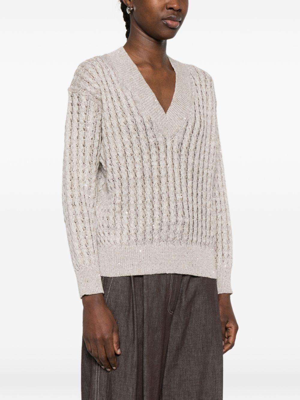 BRUNELLO CUCINELLI Maglia beige in cotone con paillettes scollo a V 