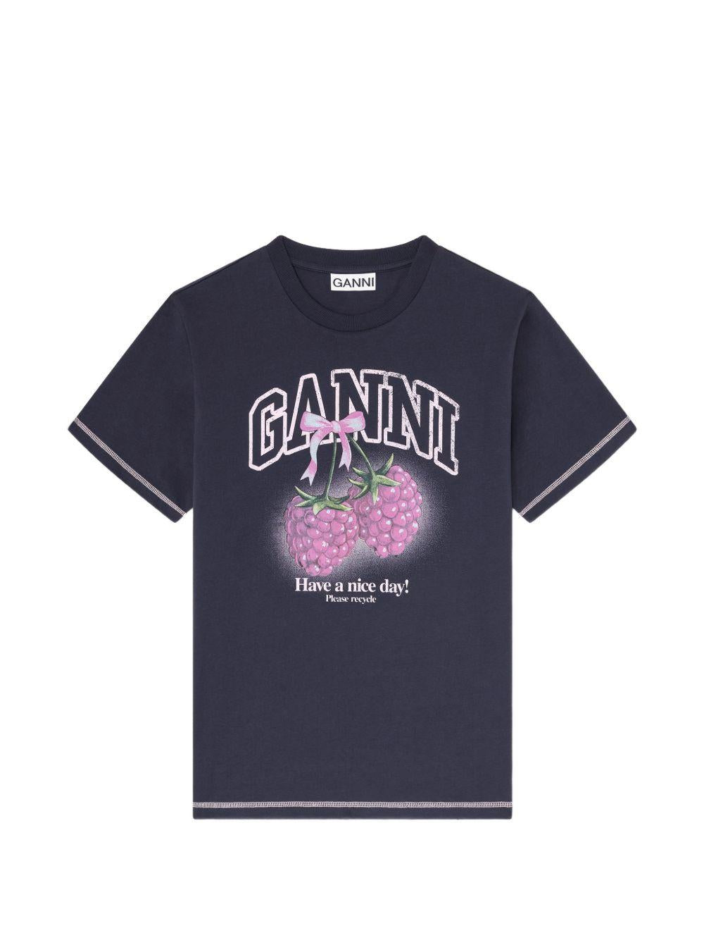 GANNI T-shirt in cotone blu con stampa 