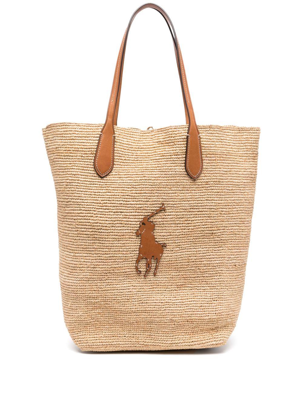 POLO RALPH LAUREN Borsa shopping in rafia e pelle con logo Polo 
