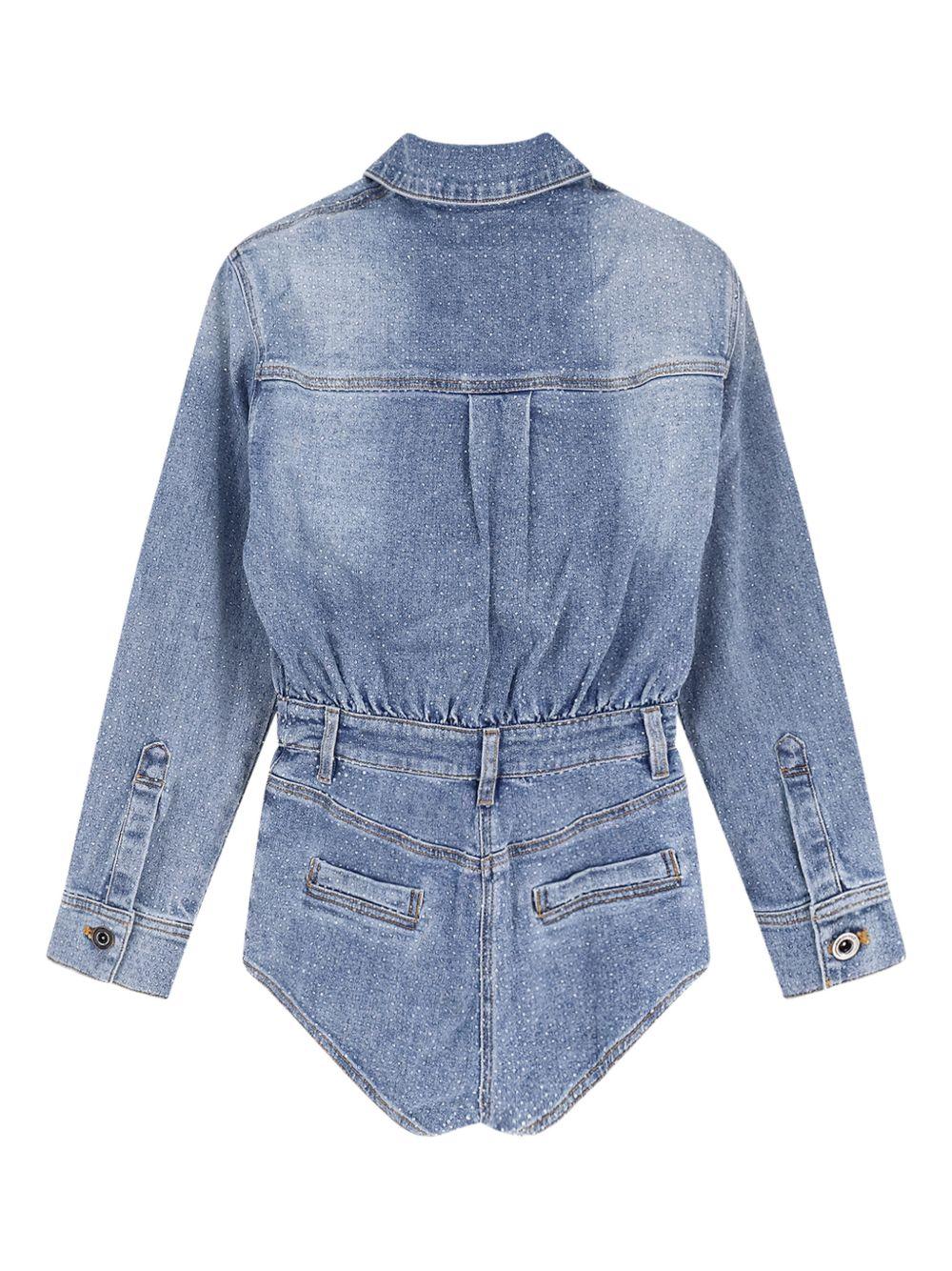 SELF PORTRAIT Tuta corta denim blu con strass 