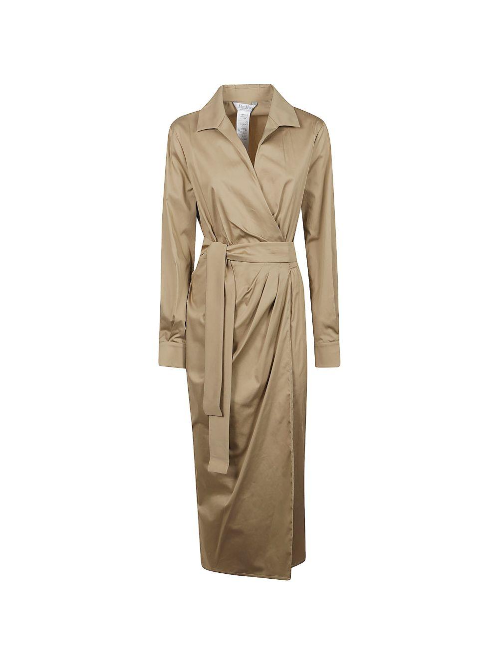 MAX MARA Abito midi chemisier beige con citura in vita 