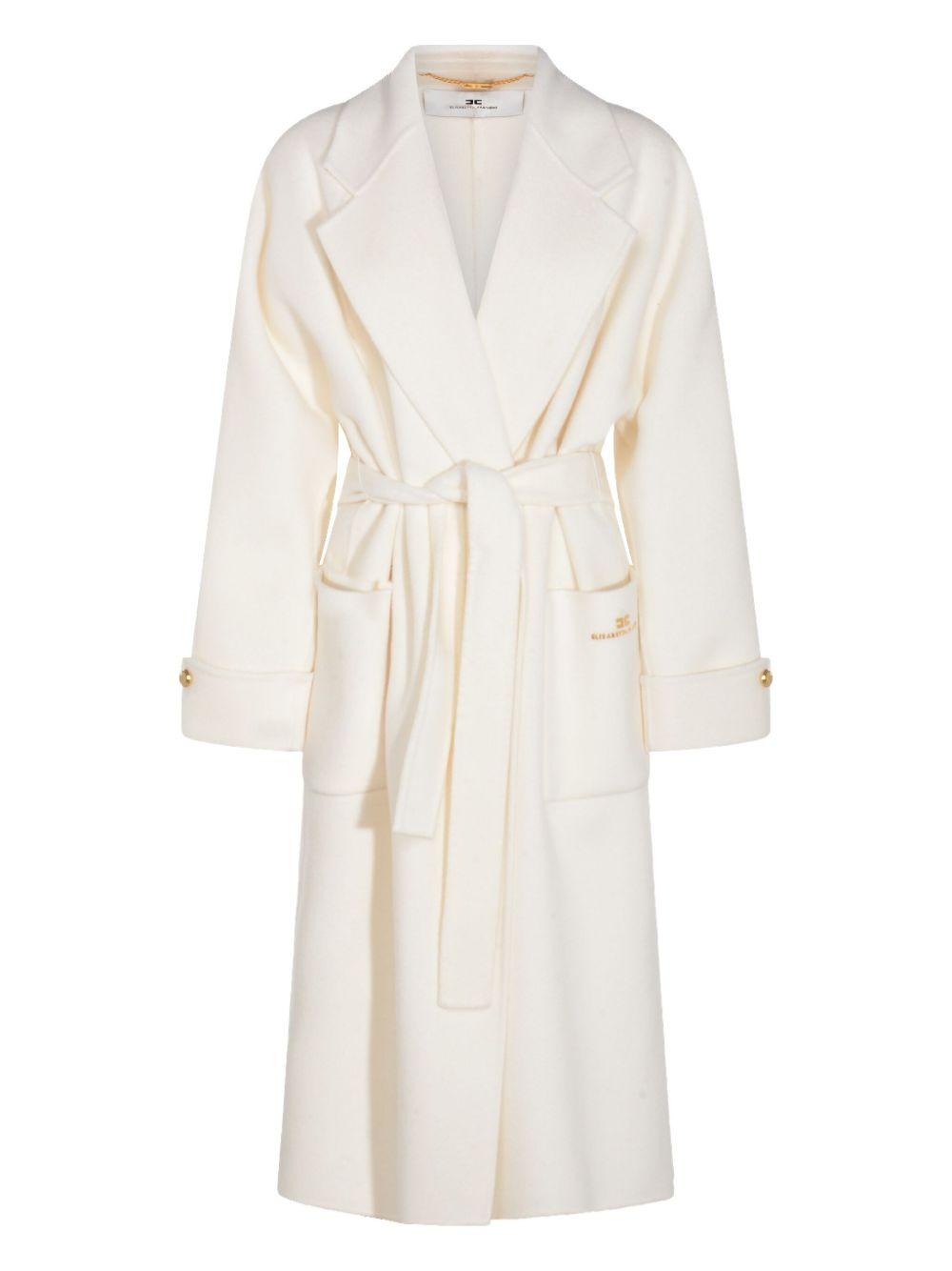 ELISABETTA FRANCHI Cappotto lungo con cintura in lana bianco latte 
