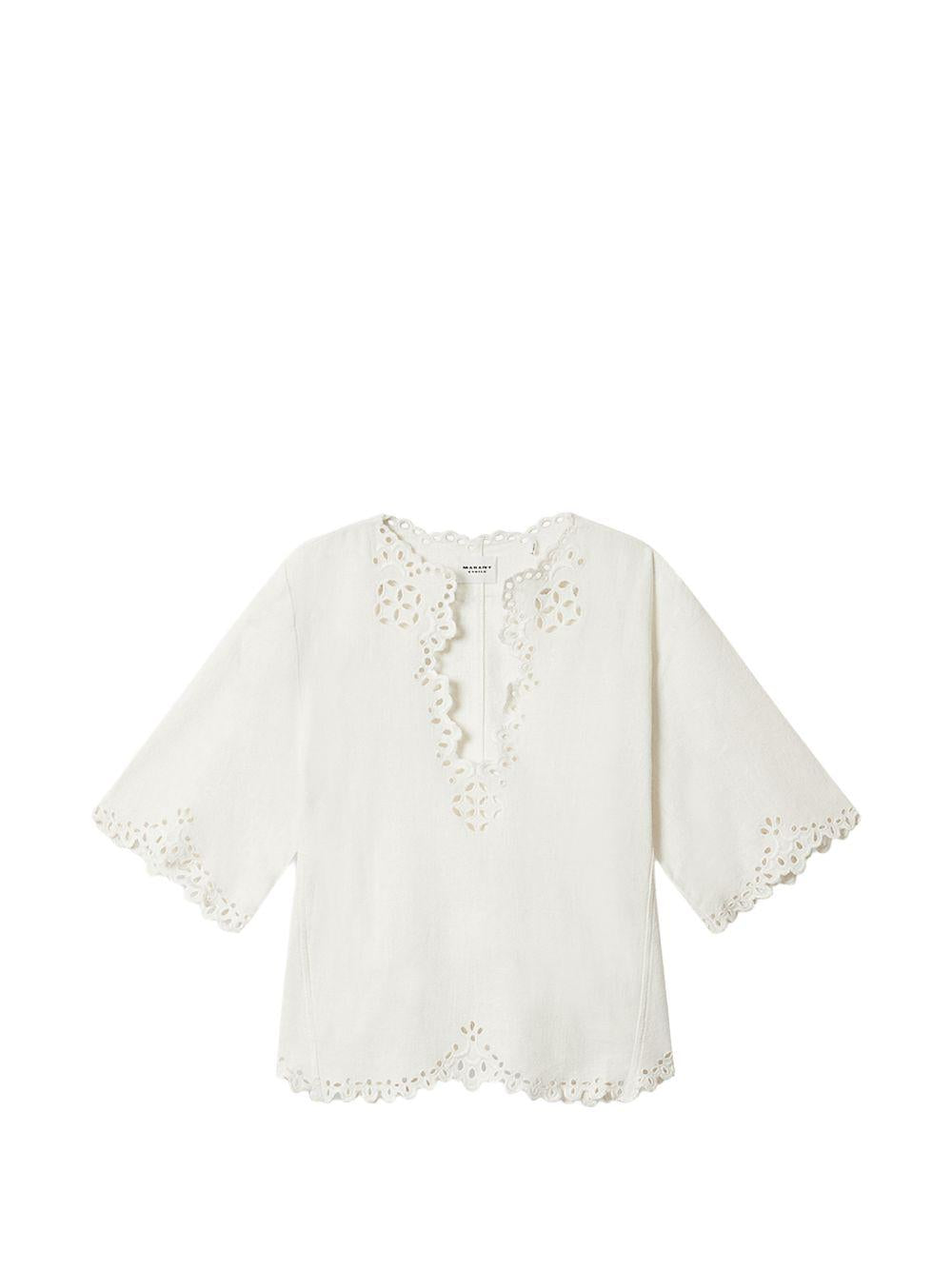 MARANT ETOILE Blusa bianca a maniche corte con scollo a V e orlo smerlato 