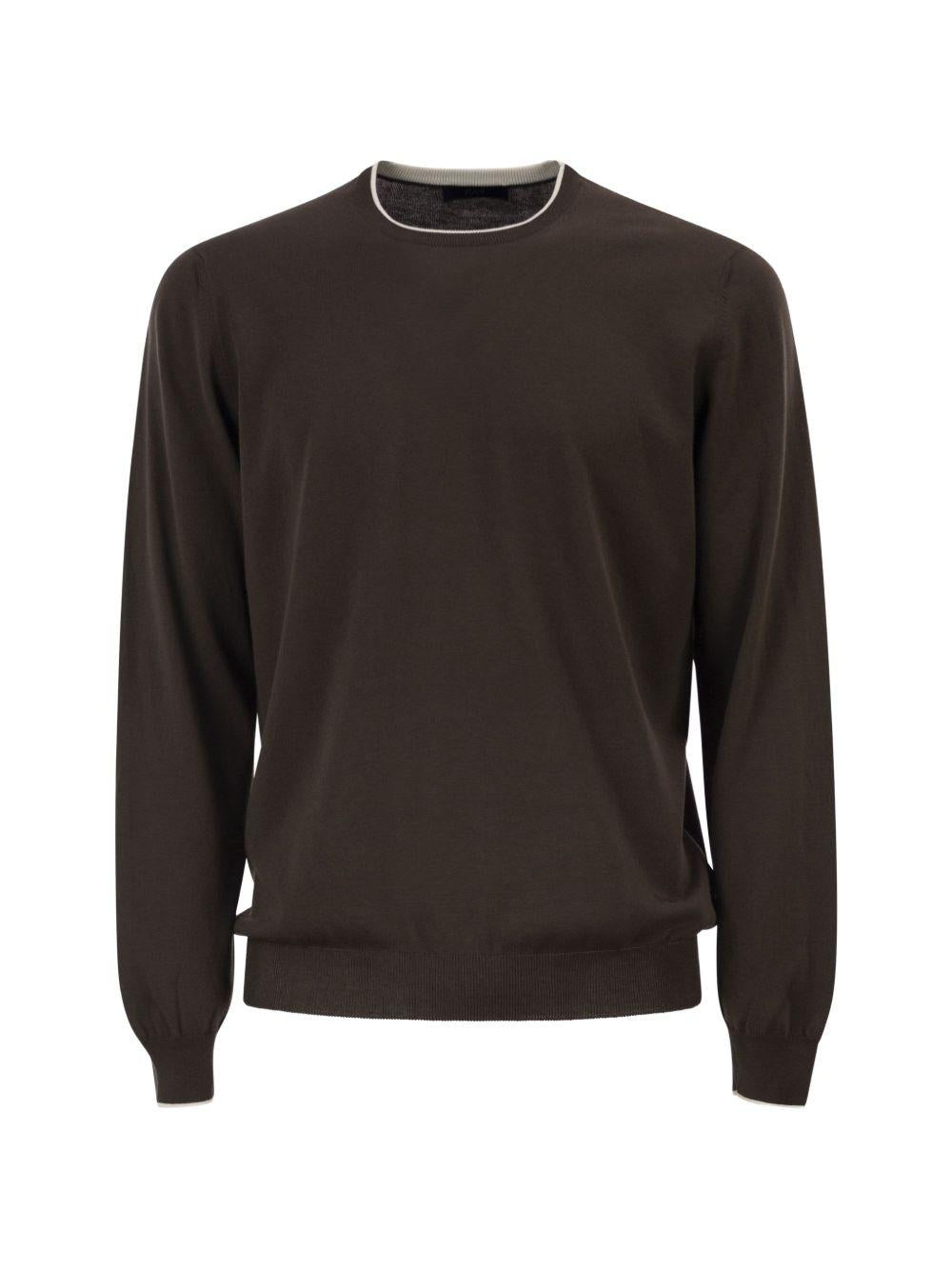 FAY Maglia in cotone marrone con scollo girocollo 