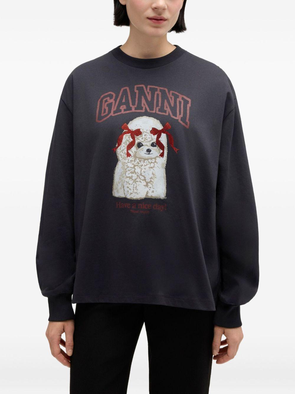 GANNI T-shirt in cotone a maniche lunghe con stampa cane 