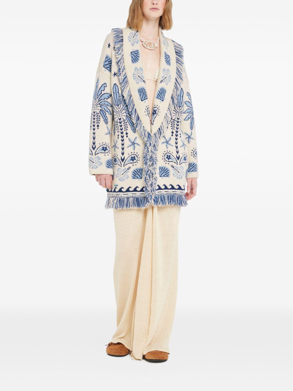 ALANUI Cardigan bianco e celeste con frange e cintura 