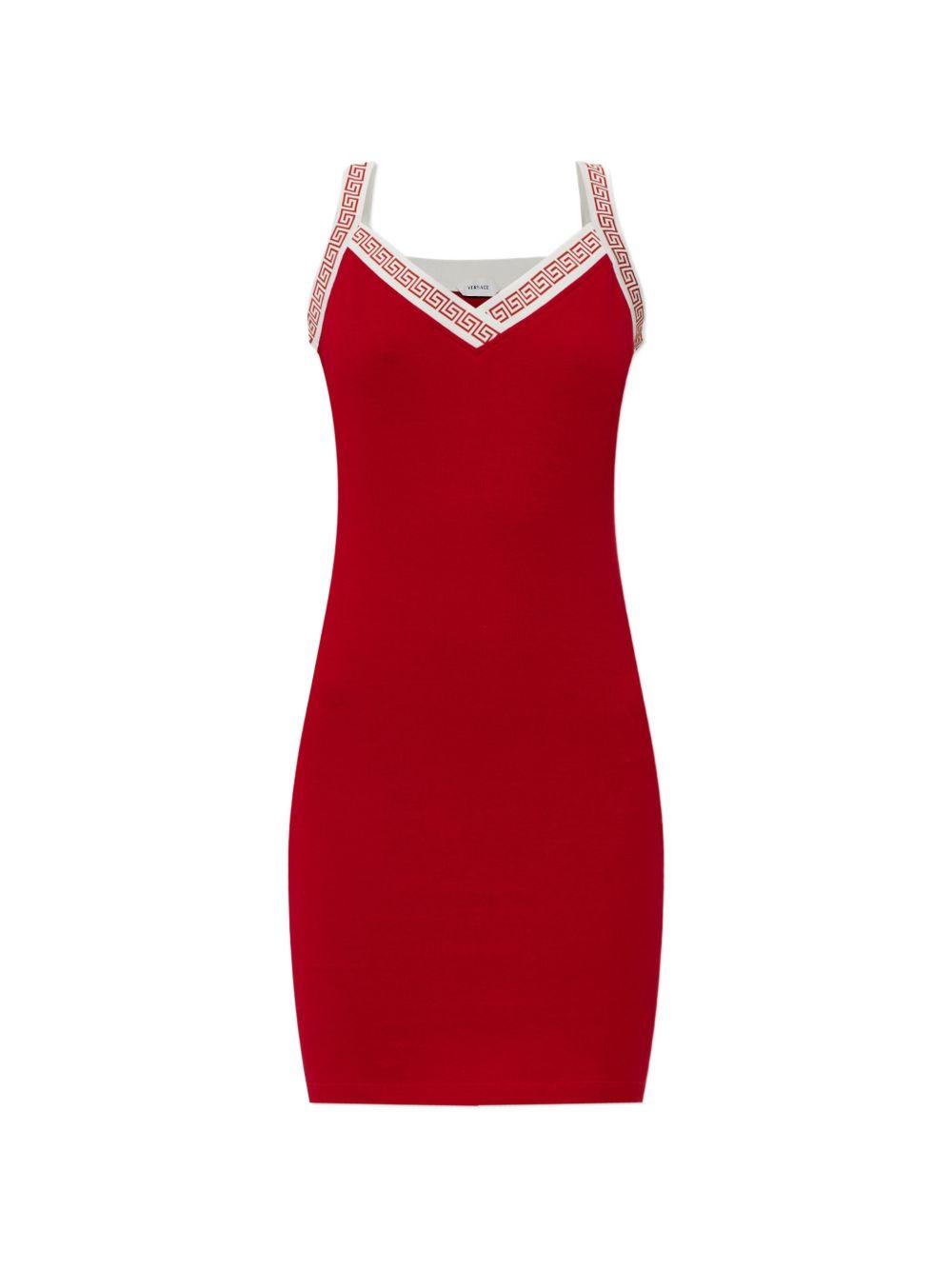 VERSACE Abito mini aderente rosso con dettagli geometrici Greca 