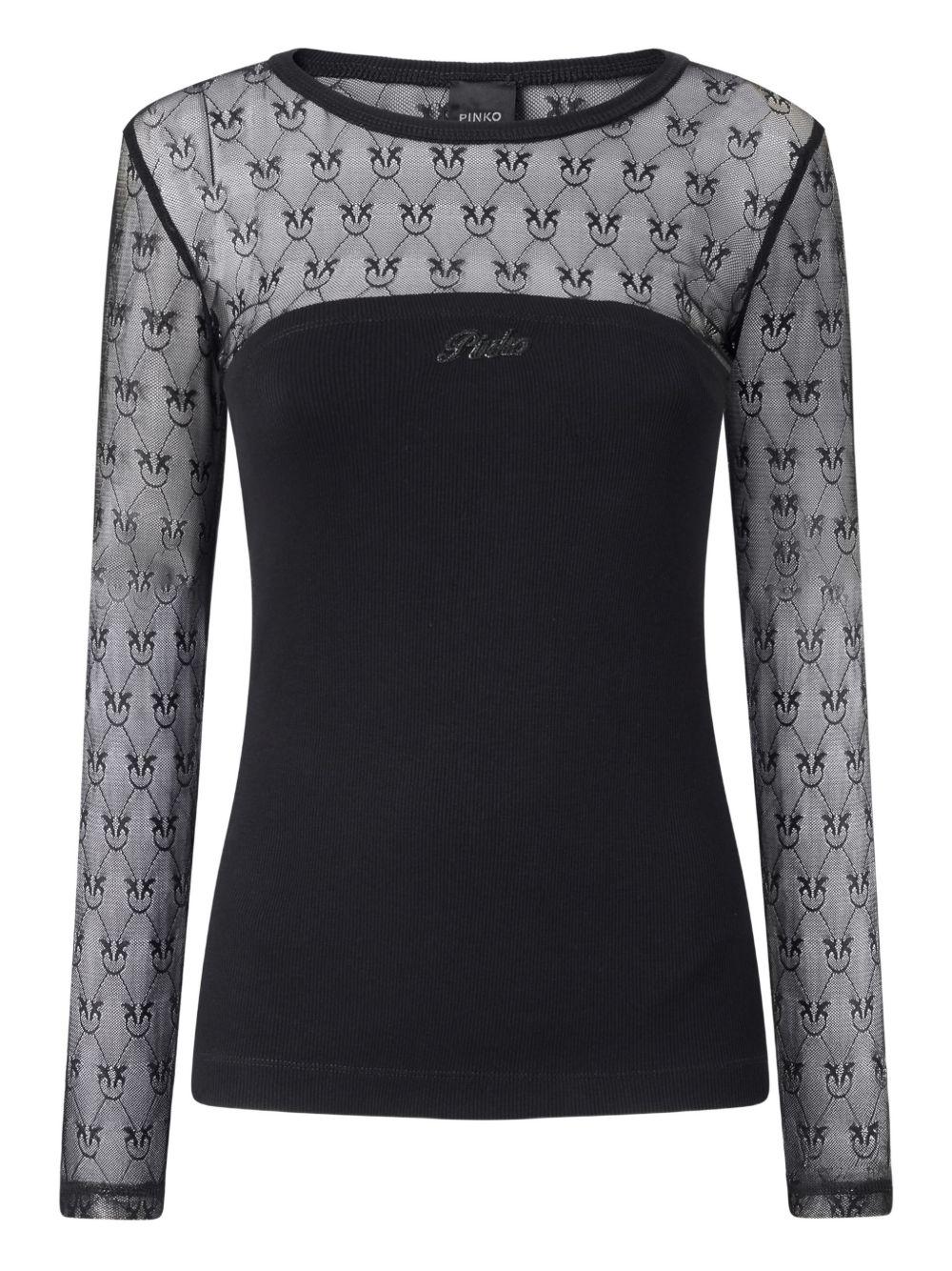 PINKO T-shirt Violinista in cotone nero con inserti semitrasparenti 