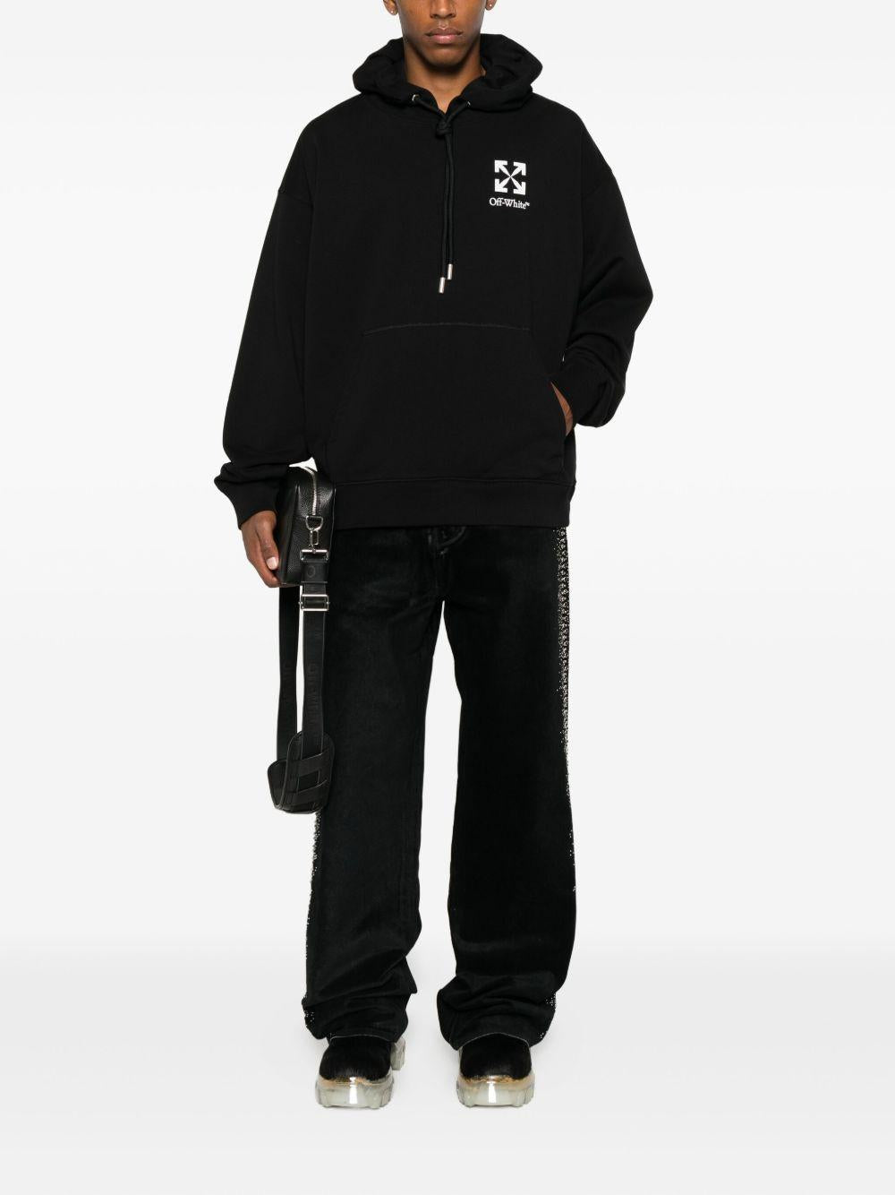 OFF WHITE Felpa con cappuccio in cotone nero con logo e frecce bianche 