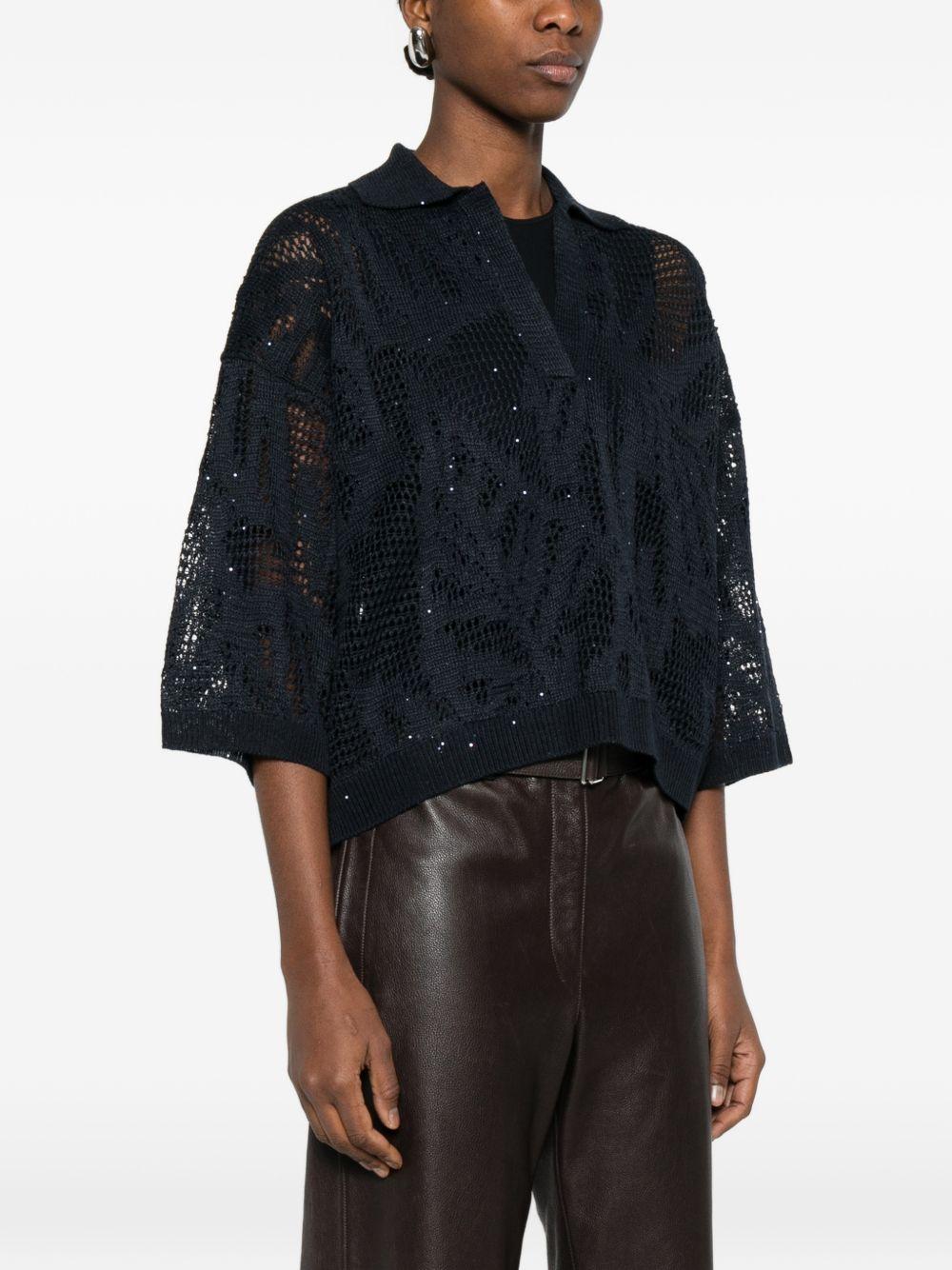 BRUNELLO CUCINELLI Blusa traforata in cotone blu scuro con scollo a V 