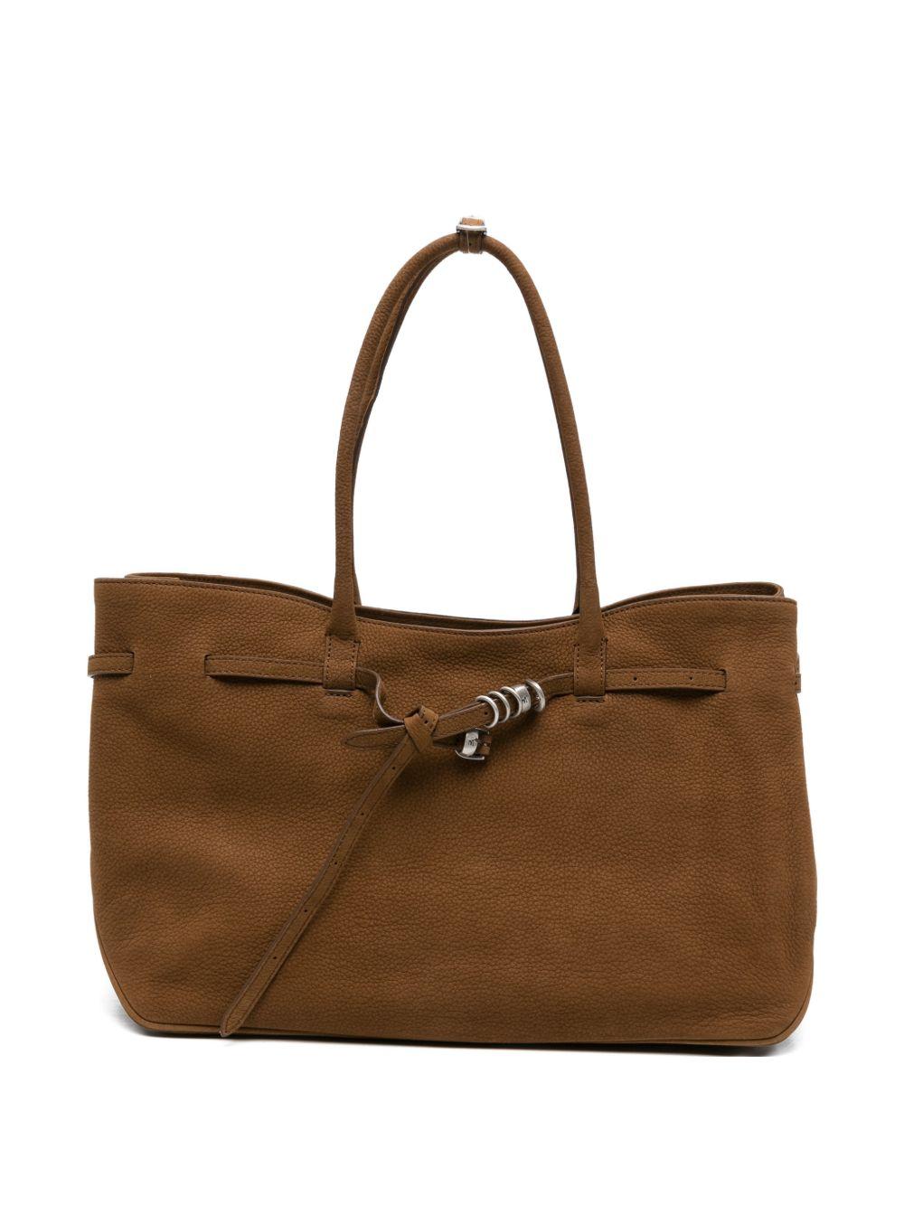 MARGESHERWOOD Borsa shopping in suede con logo impresso marrone 