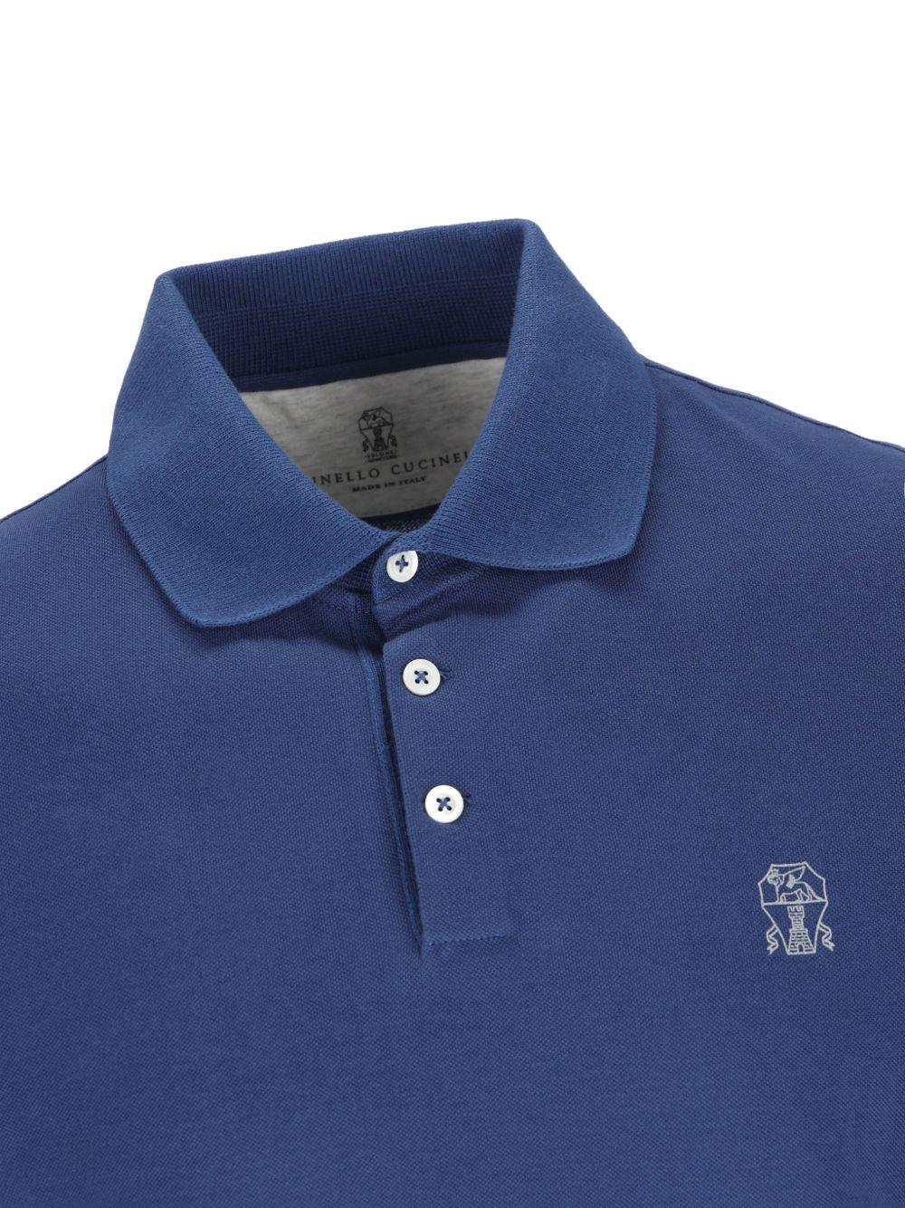 BRUNELLO CUCINELLI Polo in cotone blu con logo ricamo sul petto 
