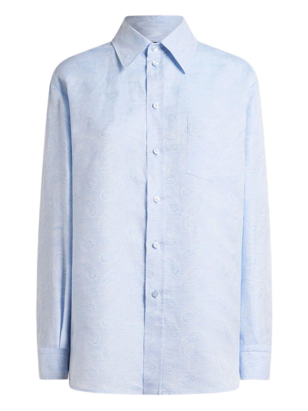 ETRO Camicia in lino e cotone celeste con stampa 