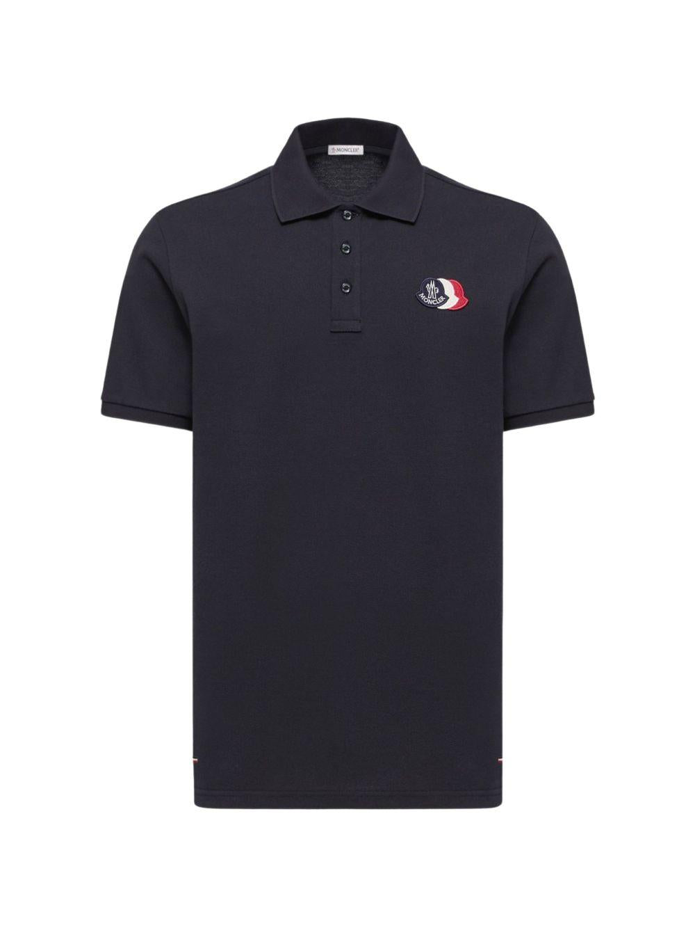 MONCLER Polo in cotone blu con logo bianco, blu e rosso 
