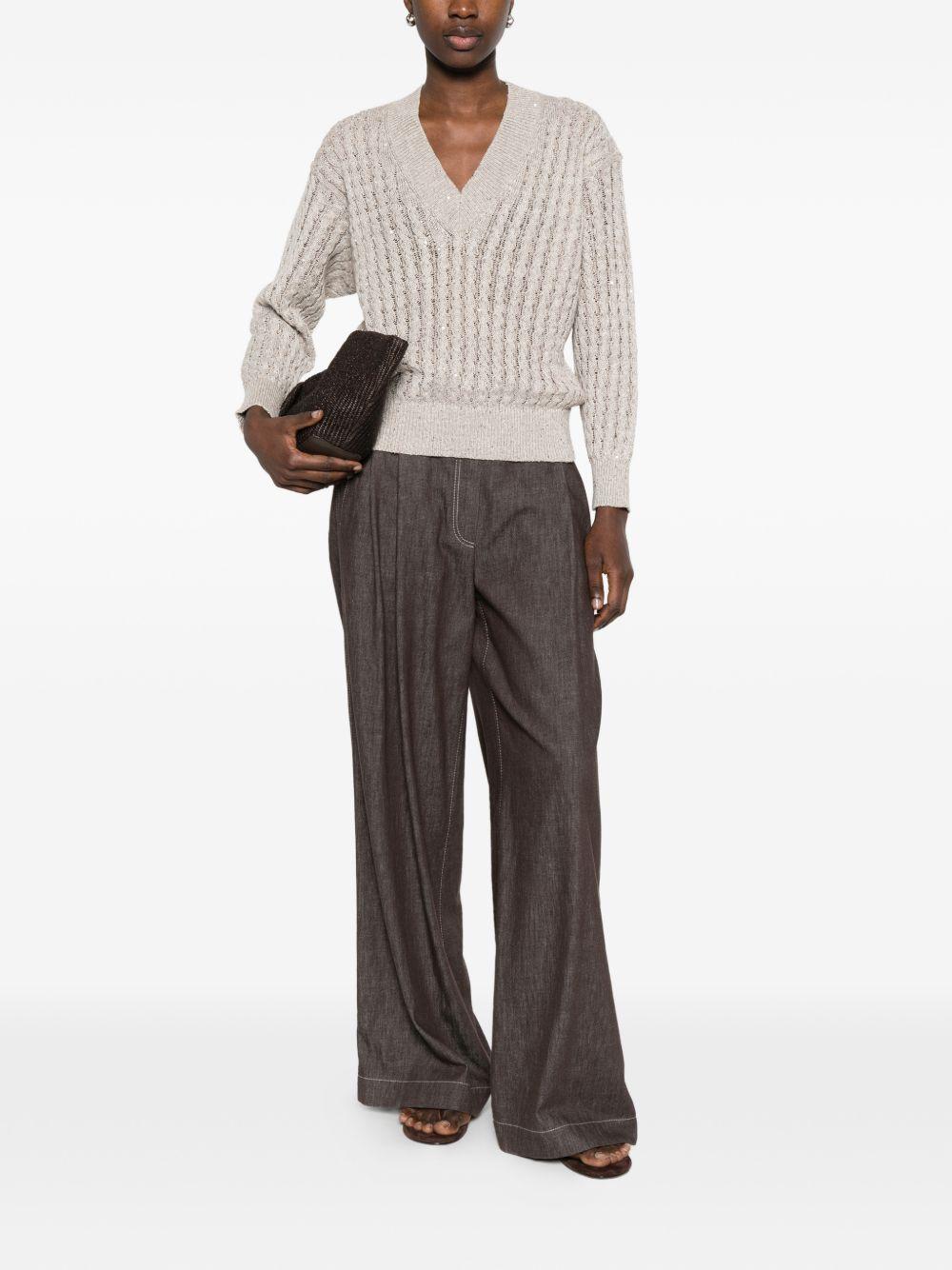 BRUNELLO CUCINELLI Maglia beige in cotone con paillettes scollo a V 