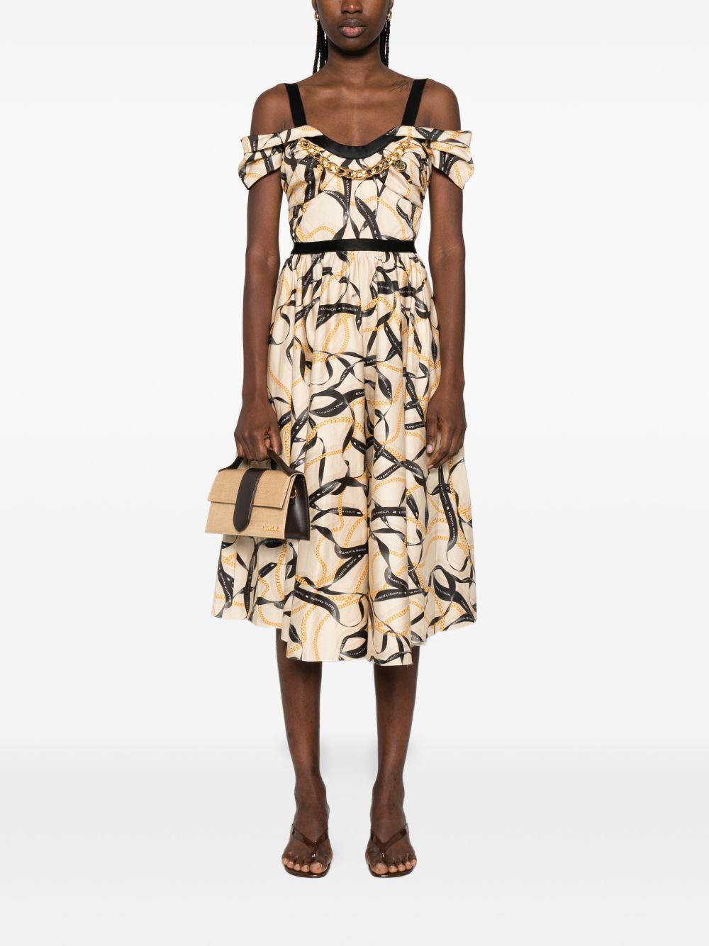 ELISABETTA FRANCHI Abito midi stampato con volant in cotone beige 