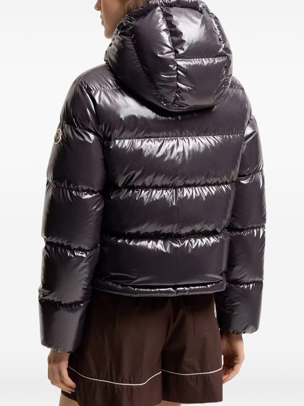 MONCLER Piumino corto lucido blu notte con cappuccio 