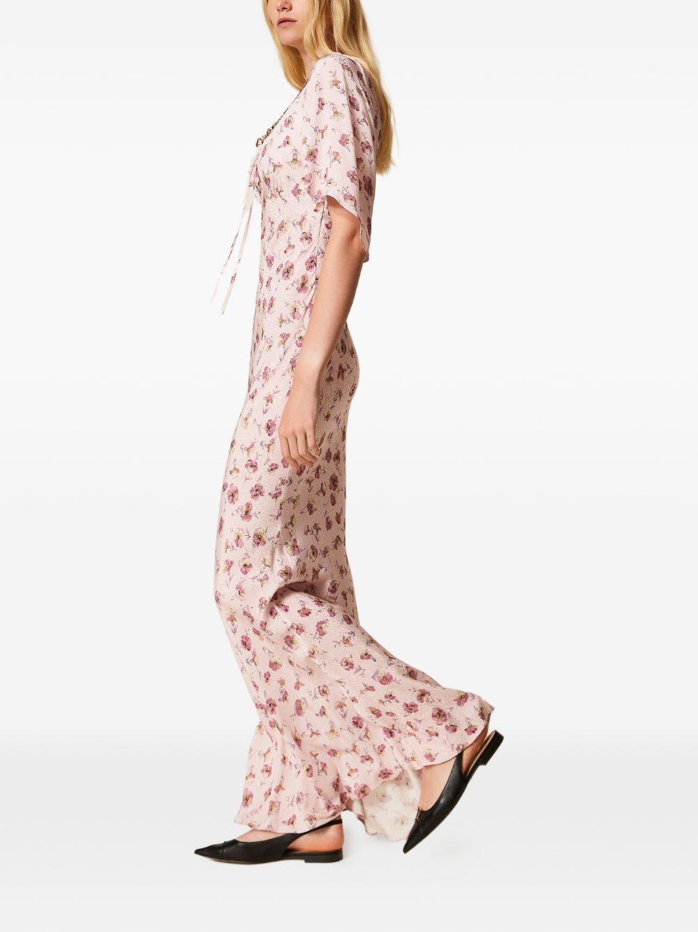 TWINSET Abito lungo panna a fiori rossi 
