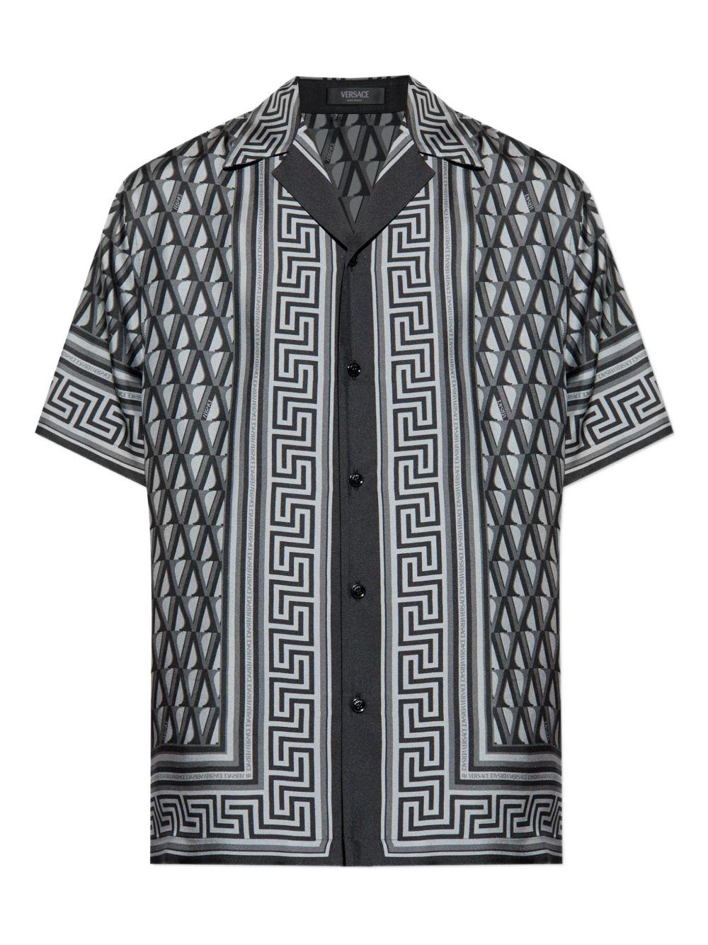 VERSACE Camicia in seta grigio e nera con motivo monogram 