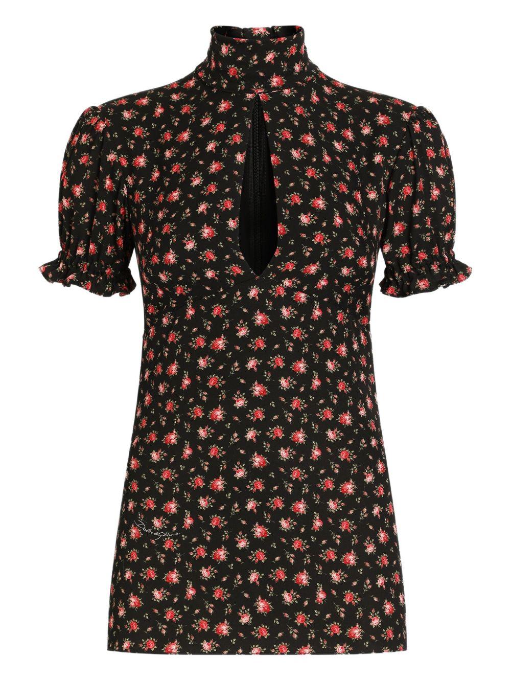 DOLCE e GABBANA Blusa nera in seta con stampa floreale 