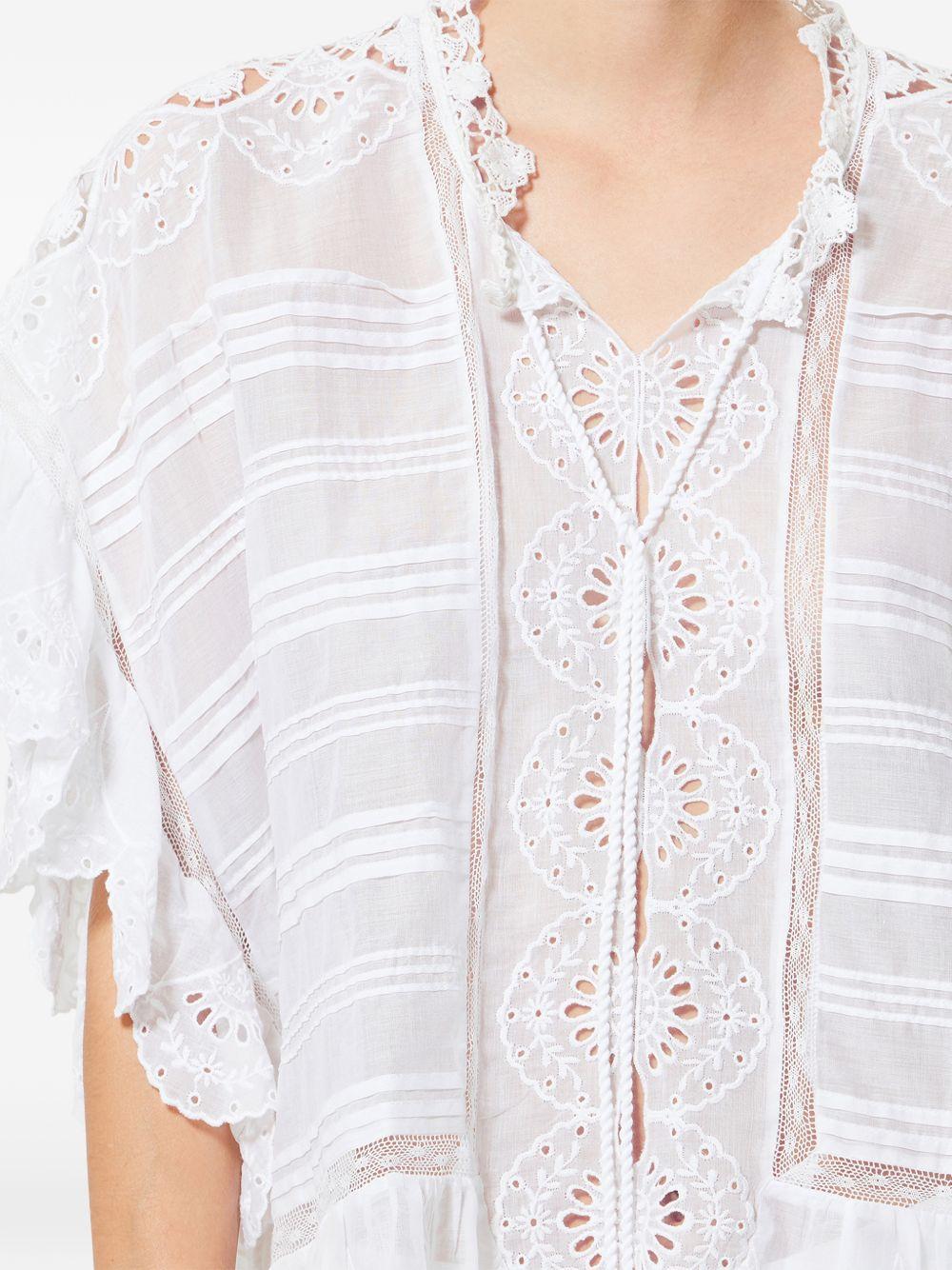 MARANT ETOILE Top Payton in stile caftano in cotone e pizzo floreale bianco 