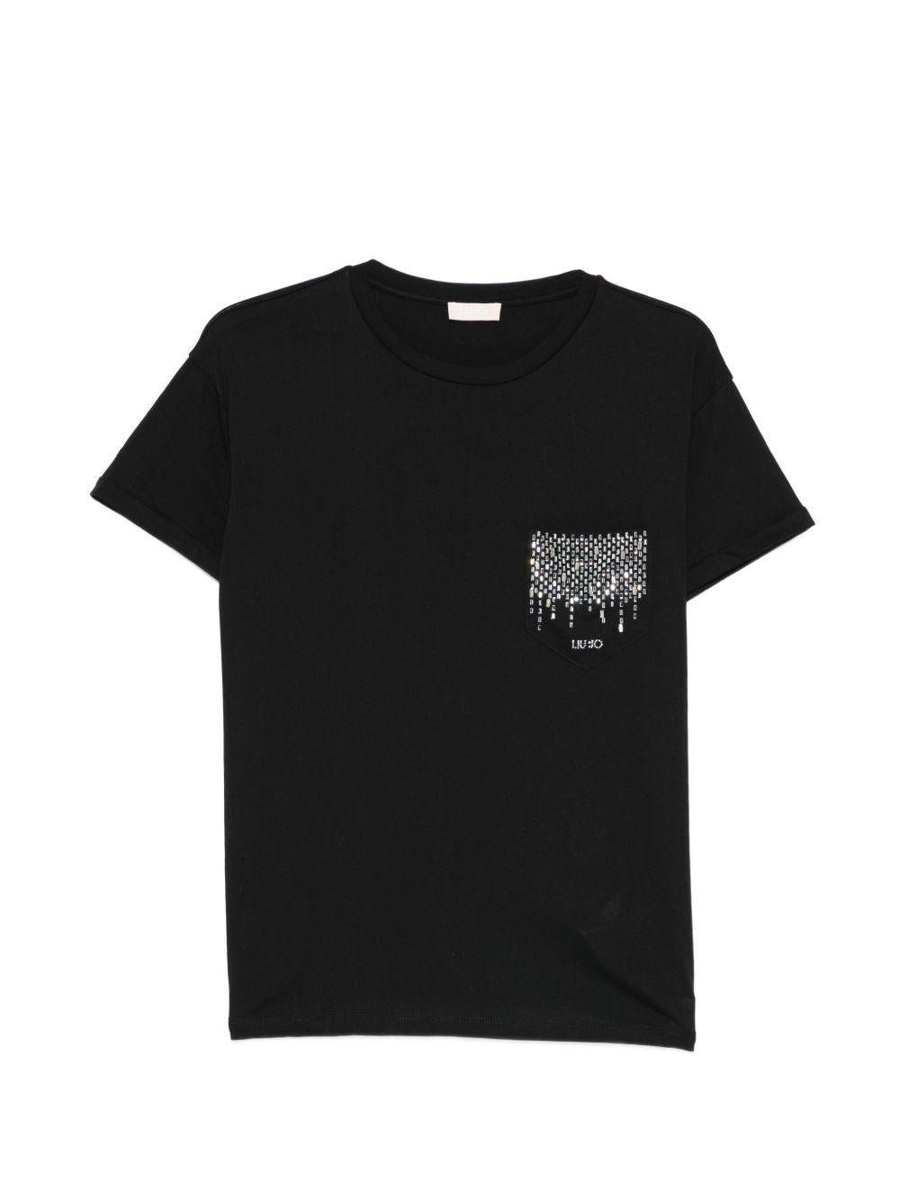 LIUJO T-shirt nera con logo e strass argentati sul petto 