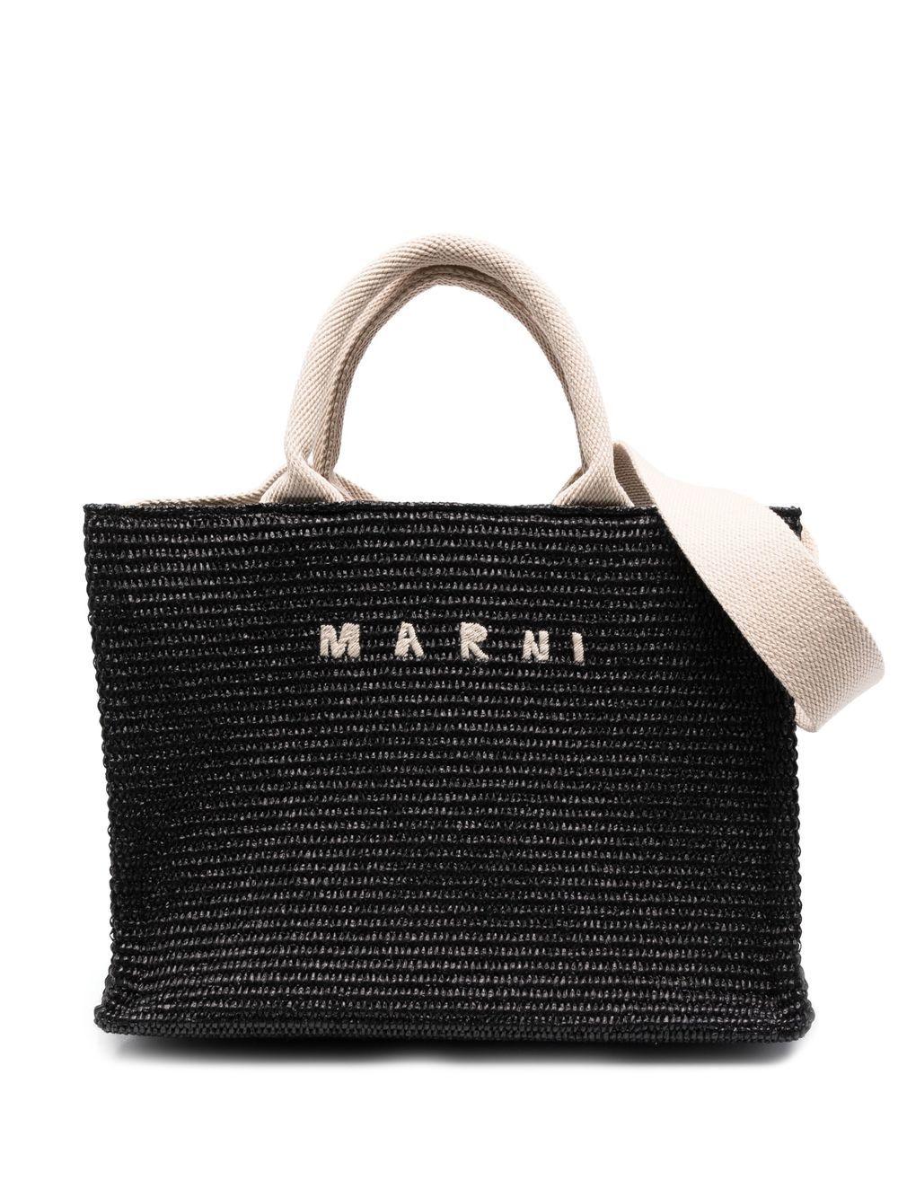 MARNI Borsa tote in rafia nera con logo 