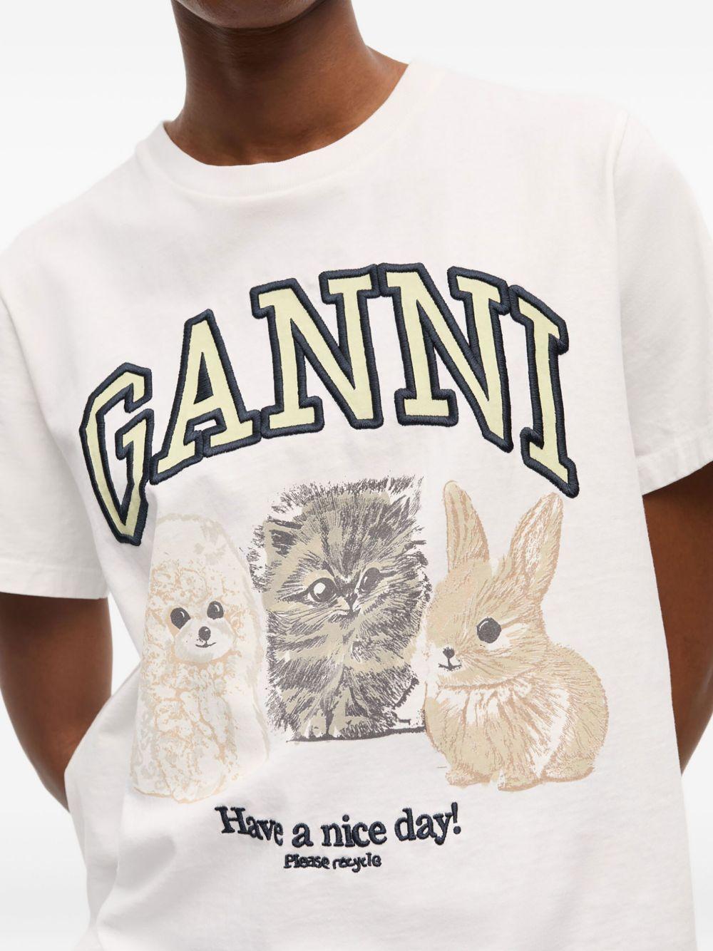 GANNI T-shirt girocollo in cotone bianco a maniche corte 