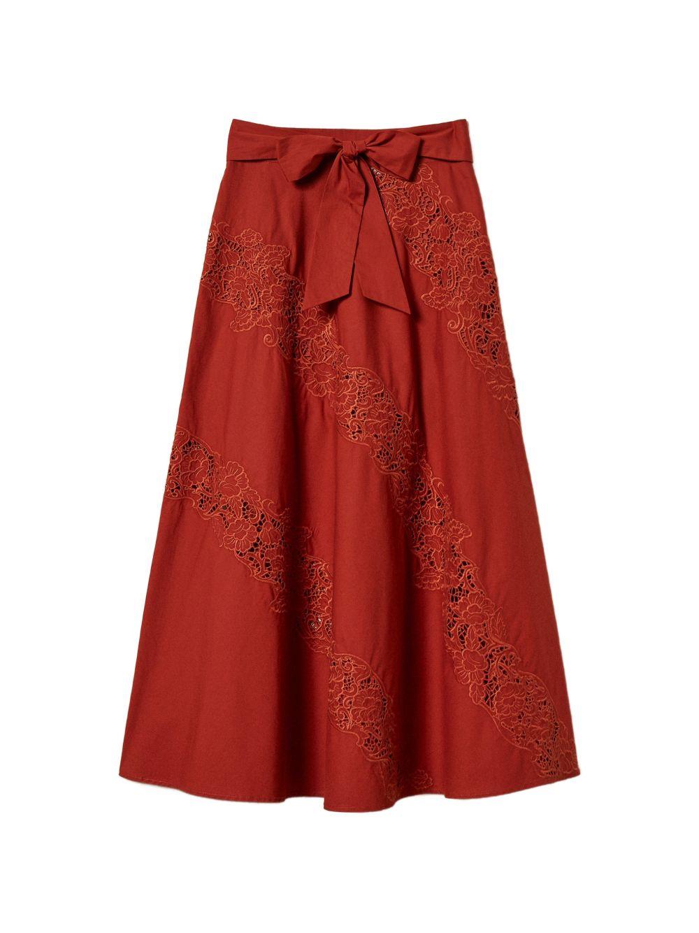 TWINSET Gonna midi in cotone marrone con pizzo floreale e cintura 