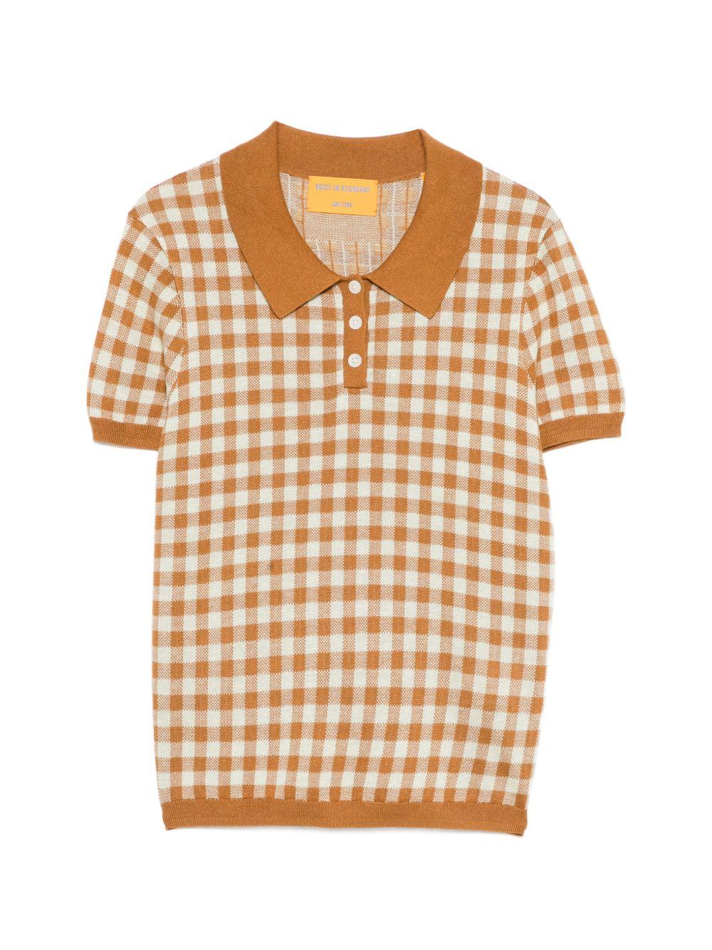 GUEST IN RESIDENCE Polo a quadretti in seta misto lino bianco e caramello 