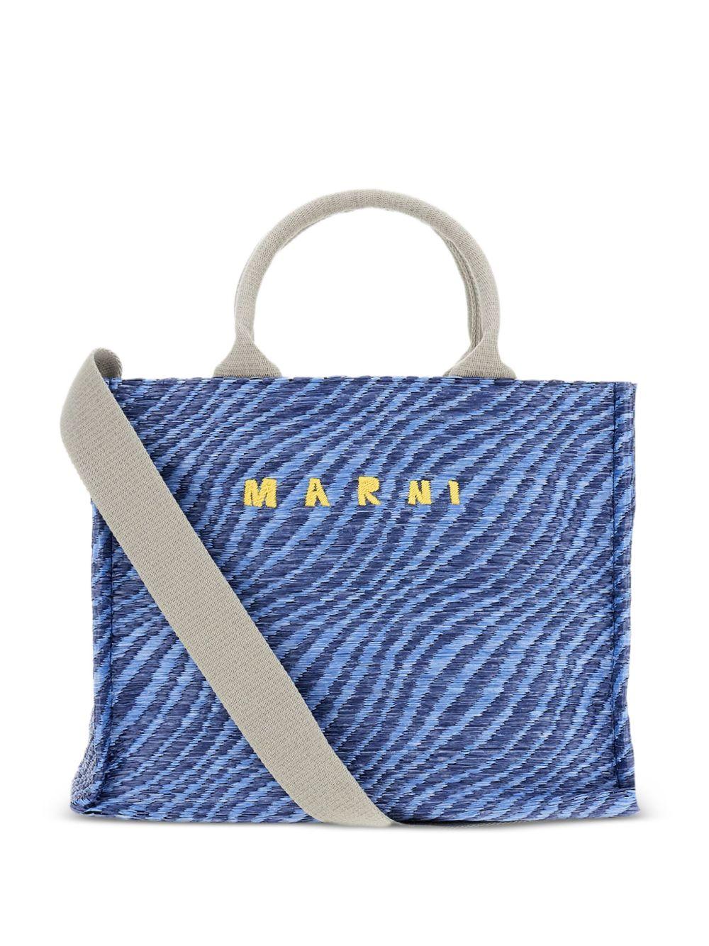 MARNI Borsa tote motivo zebrato blu con logo e tracolla 