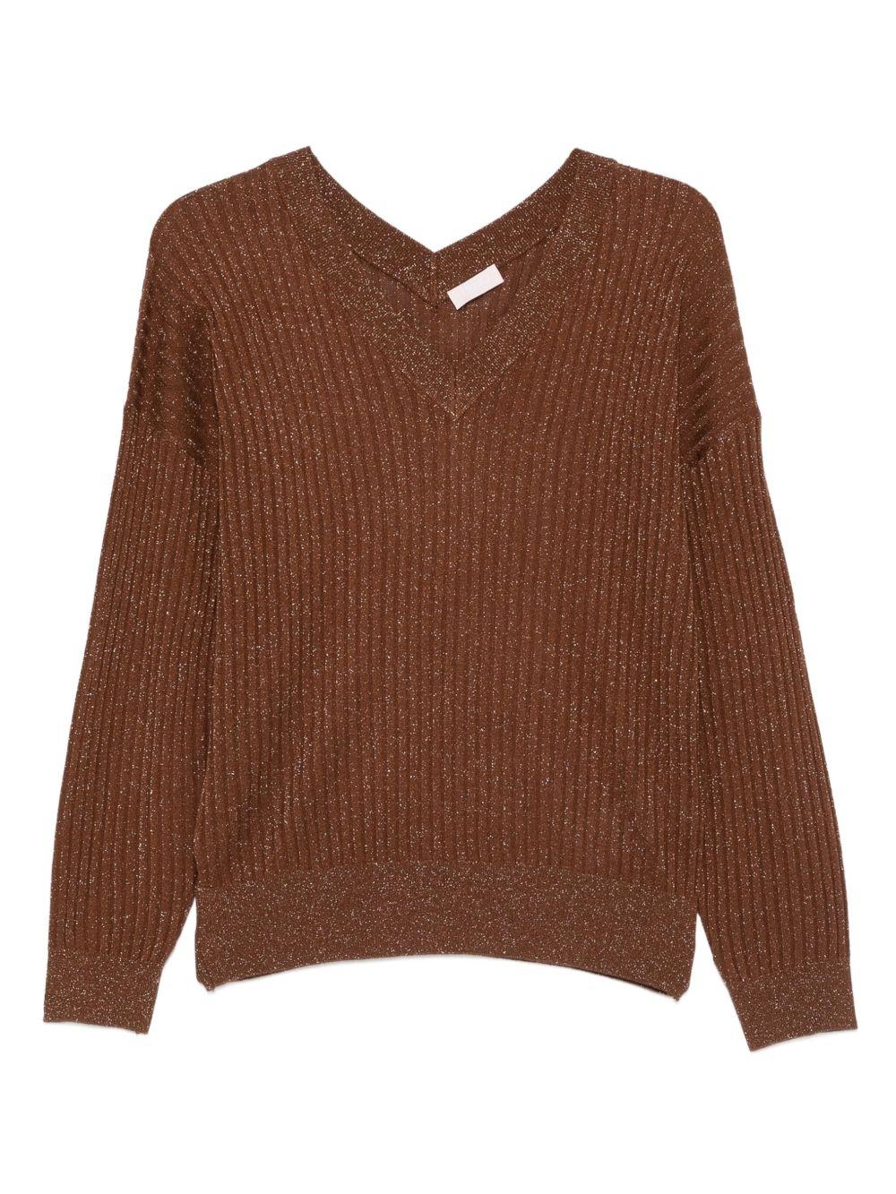 LIUJO Maglia marrone con scollo a V e strass 